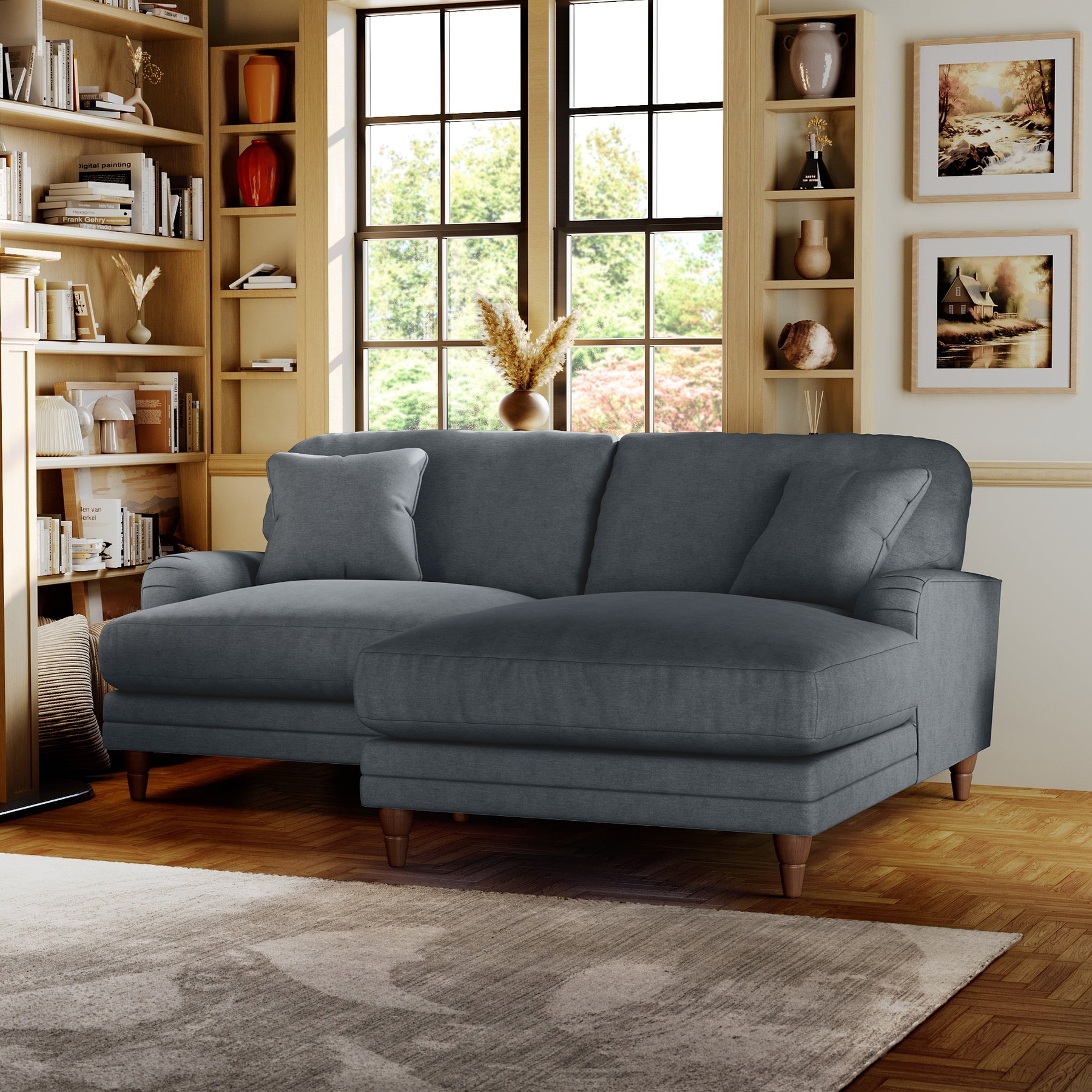 Bampton 3 Seater Chaise Sofa Granite Beech Feet from Roseland Furniture