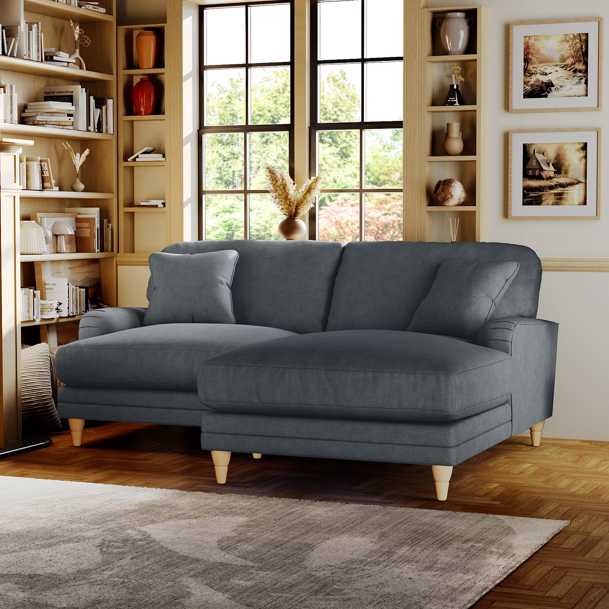 Bampton 3 Seater Chaise Sofa Granite Oak Feet from Roseland Furniture
