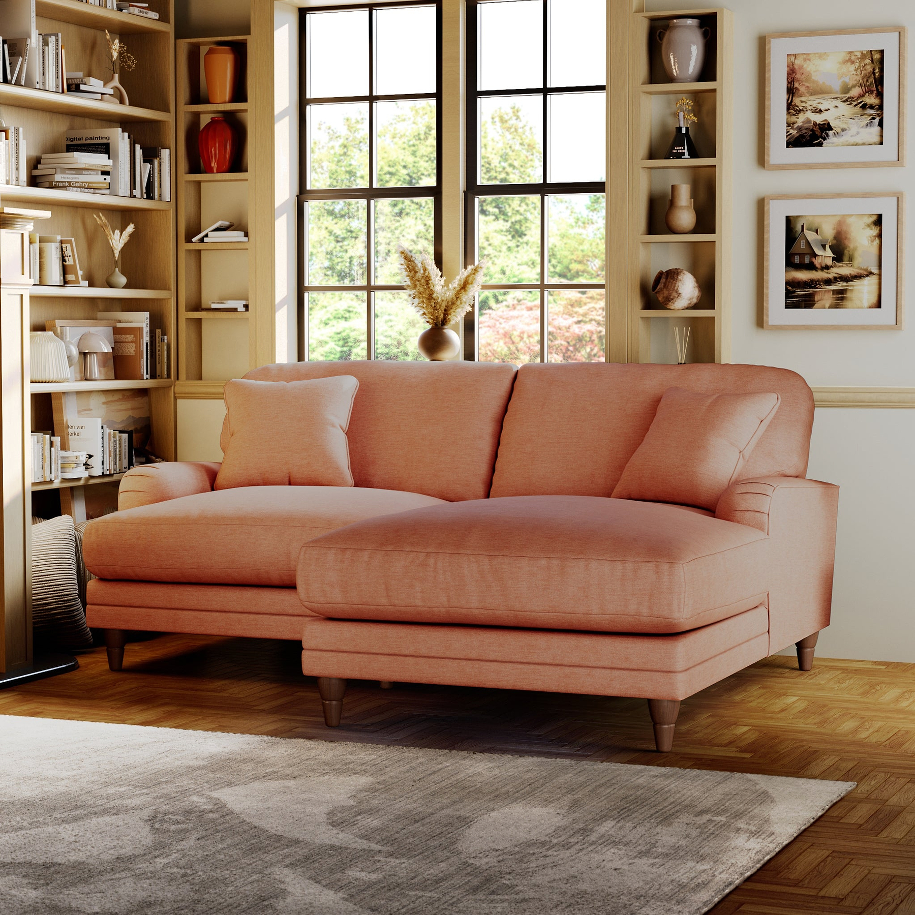 Bampton 3 Seater Chaise Sofa RH Salmon Beech Feet from Roseland Furniture