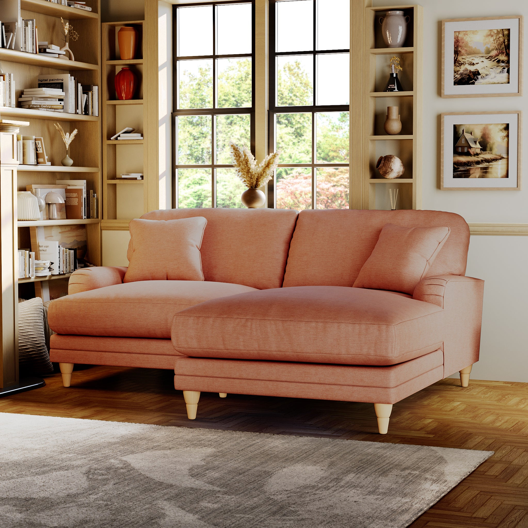 Bampton 3 Seater Chaise Sofa RH Salmon Oak Feet from Roseland Furniture