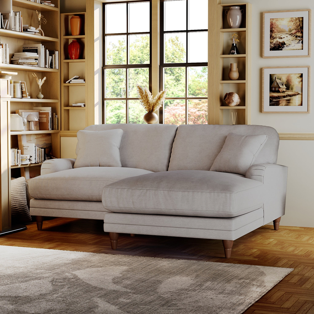 Bampton 3 Seater Chaise Sofa RH Silver Beech Feet from Roseland Furniture