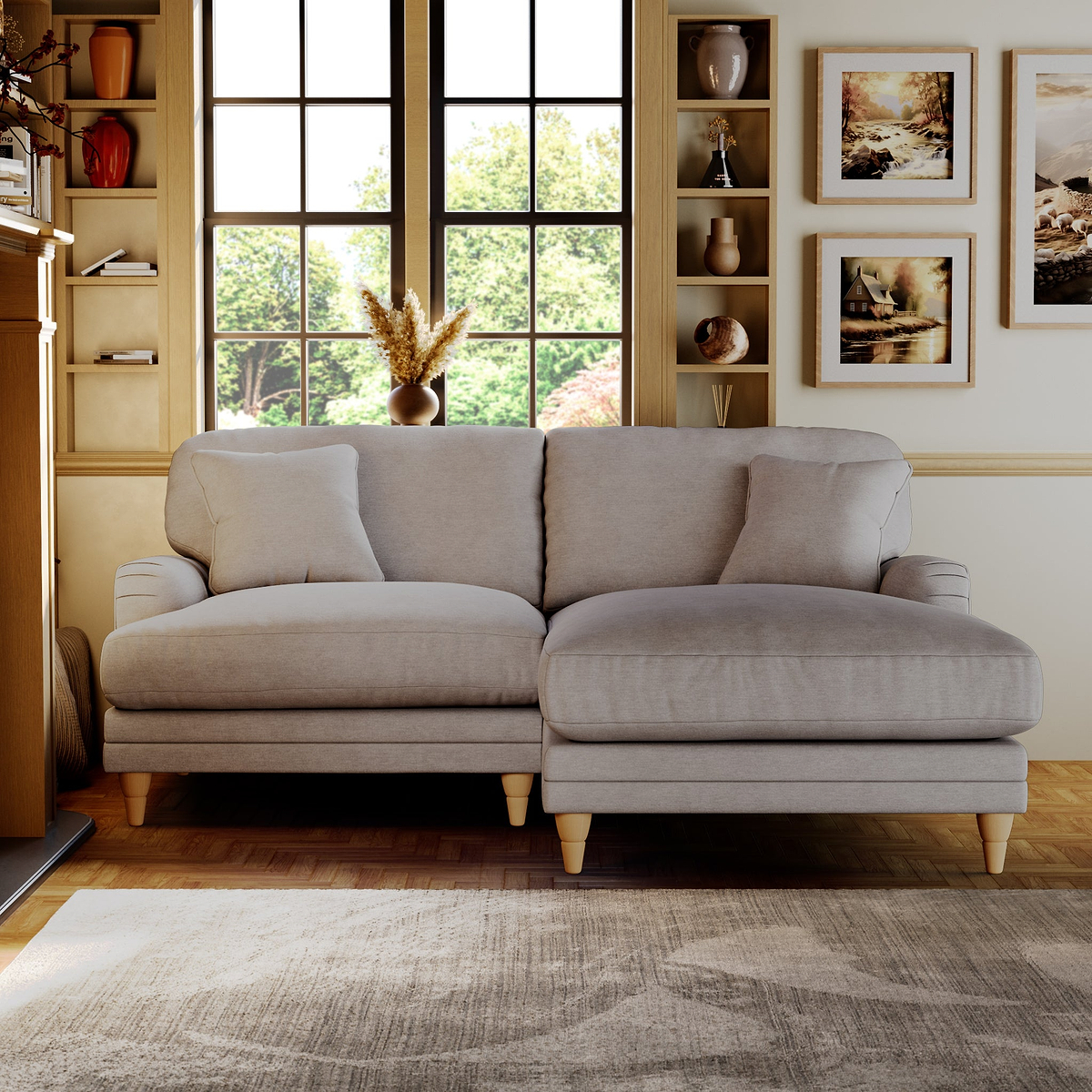 Bampton 3 Seater Chaise Sofa RH Silver Oak Feet from Roseland Furniture
