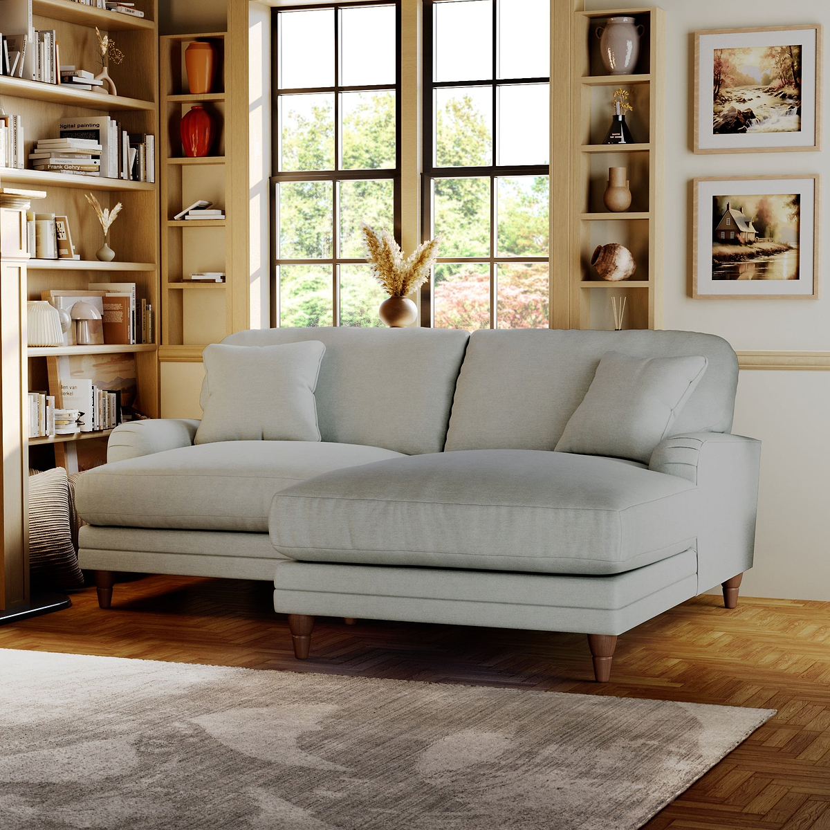 Bampton 3 Seater Chaise Sofa RH Warm Grey Beech Feet from Roseland Furniture