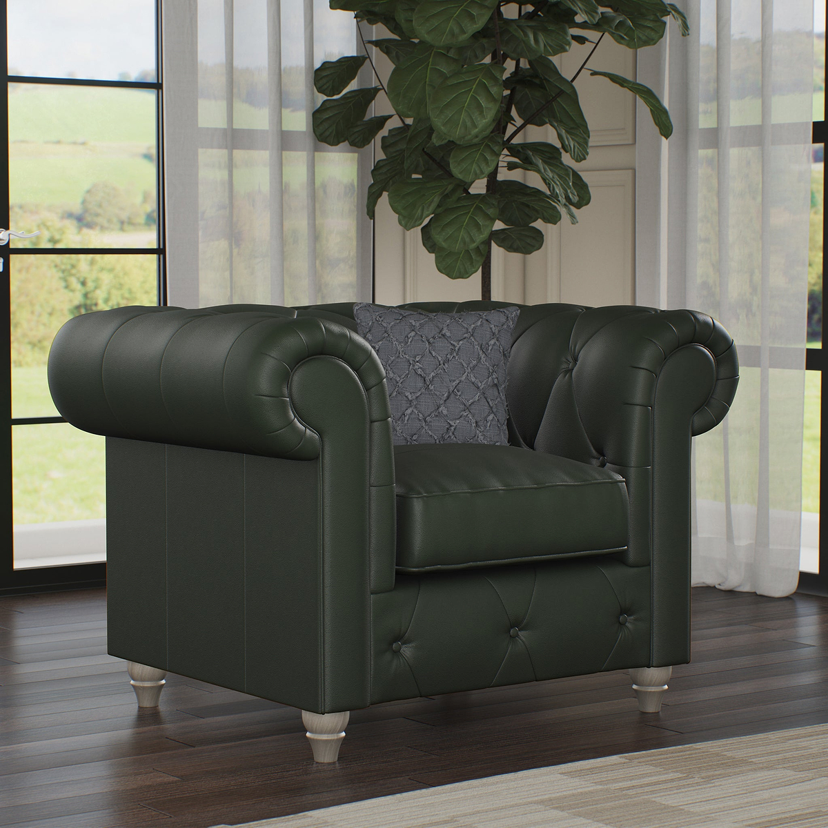 Everett Leather Armchair Green Washed Oak Feet from Roseland Furniture