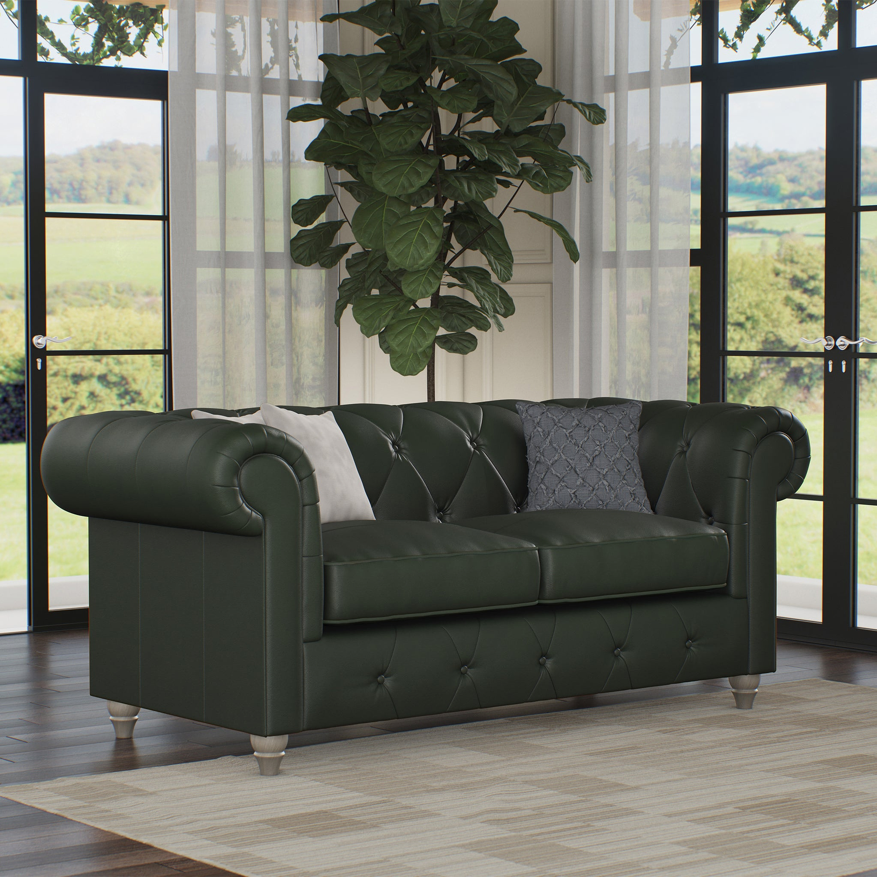 Everett Leather 2 Seater Sofa Green Washed Feet from Roseland Furniture