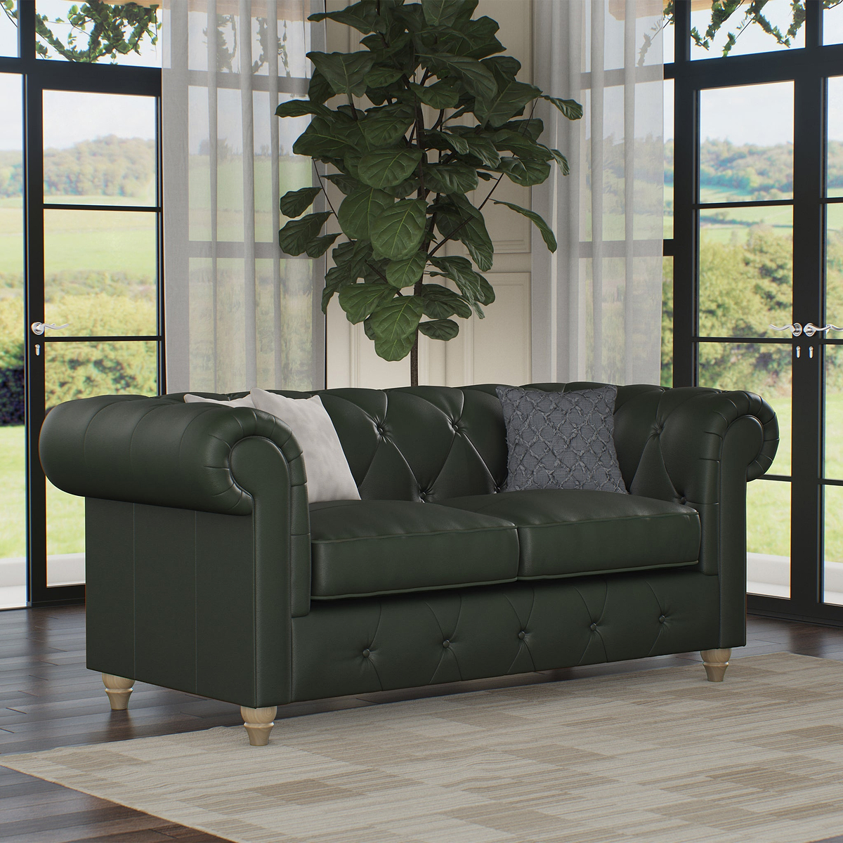 Everett Leather 2 Seater Sofa Green Walnut Feet from Roseland Furniture