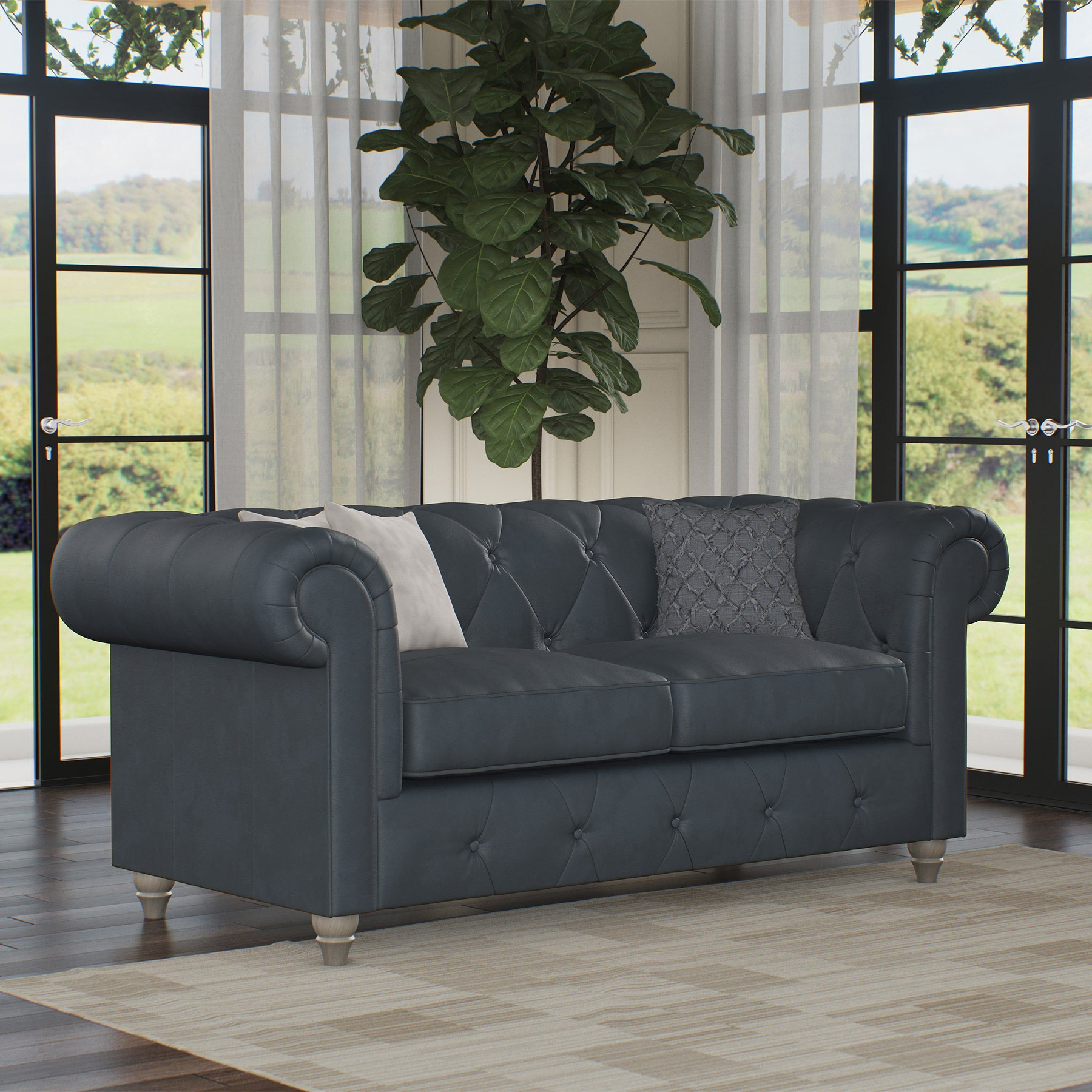 Everett Leather 2 Seater Sofa Navy Washed Feet from Roseland Furniture