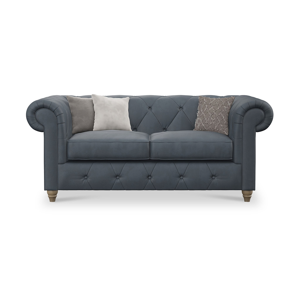 Everett Leather 2 Seater Sofa Navy Walnut Feet from Roseland Furniture