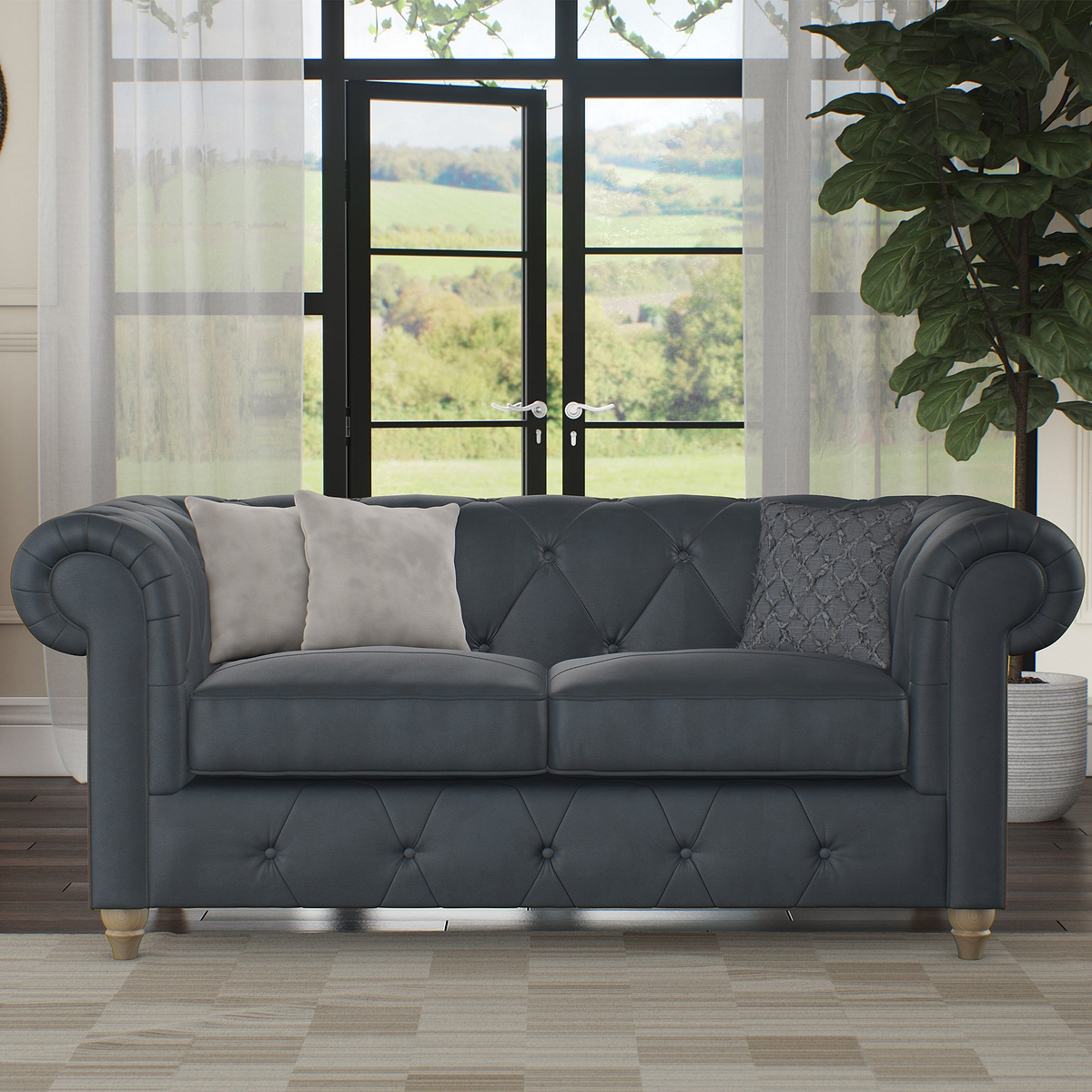 Everett Leather 2 Seater Sofa Navy Walnut Feet from Roseland Furniture
