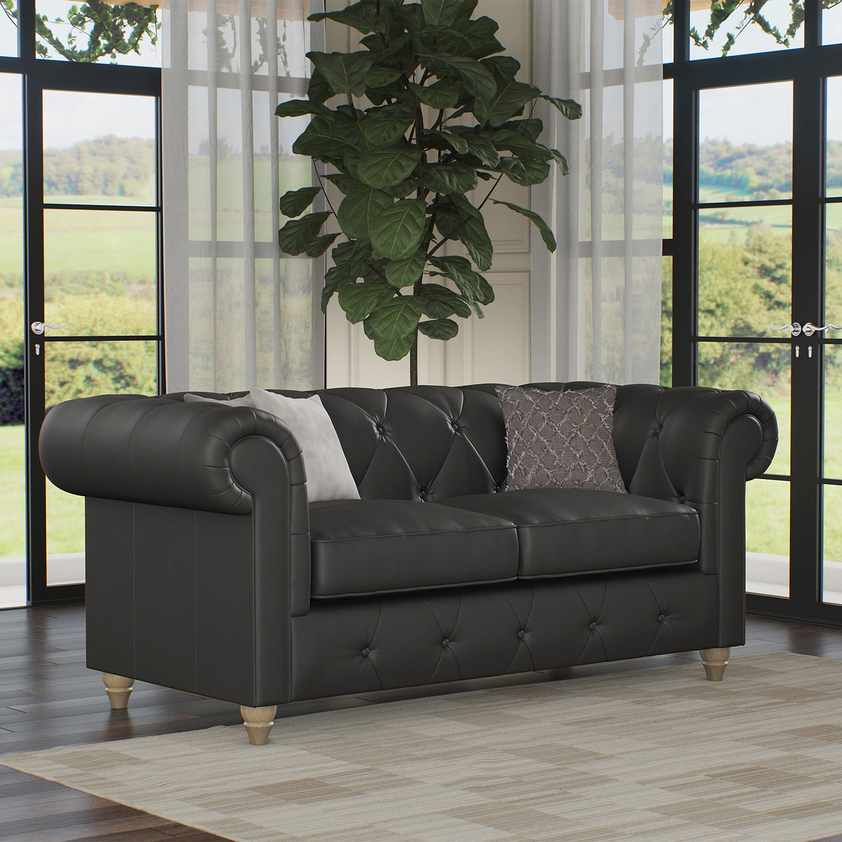 Everett Leather 2 Seater Sofa Raven Walnut Feet from Roseland Furniture
