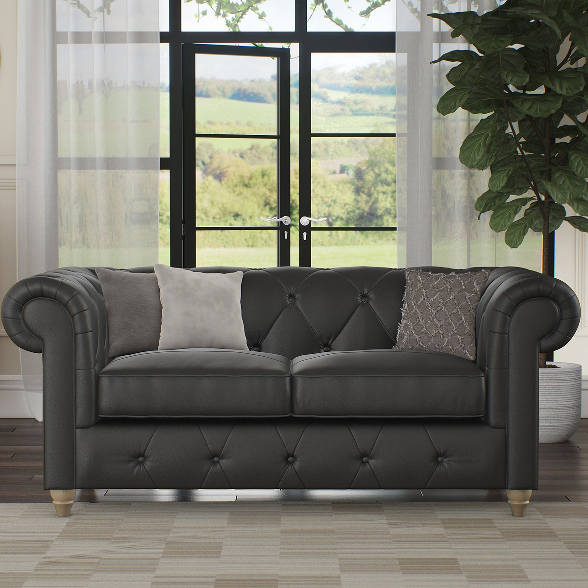 Everett Leather 2 Seater Sofa Raven Walnut Feet from Roseland Furniture