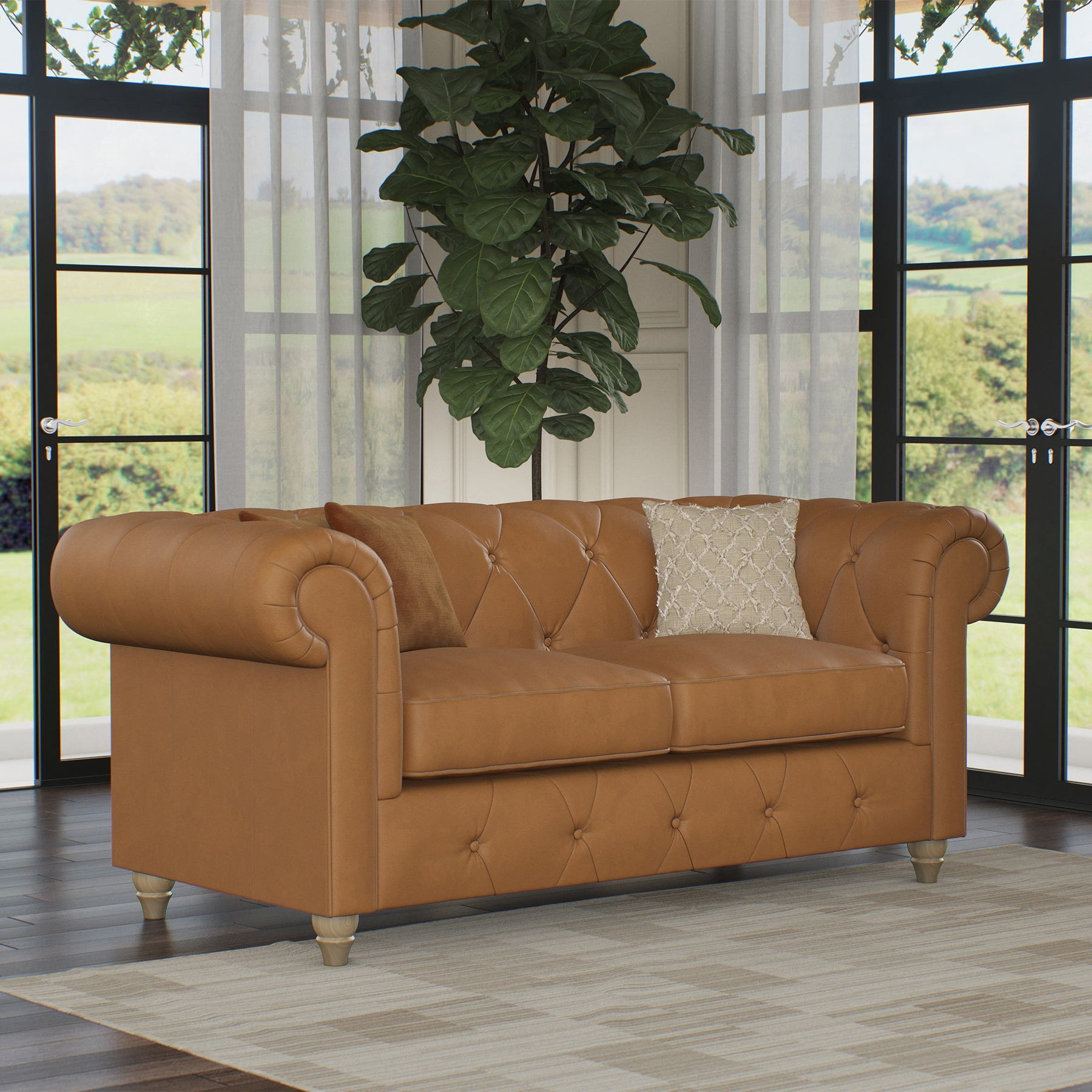 Everett Leather 2 Seater Sofa Saddle Walnut Feet from Roseland Furniture