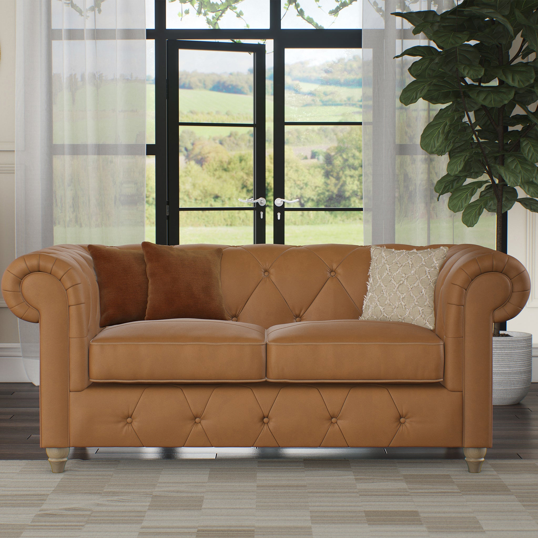 Everett Leather 2 Seater Sofa Saddle Walnut Feet from Roseland Furniture