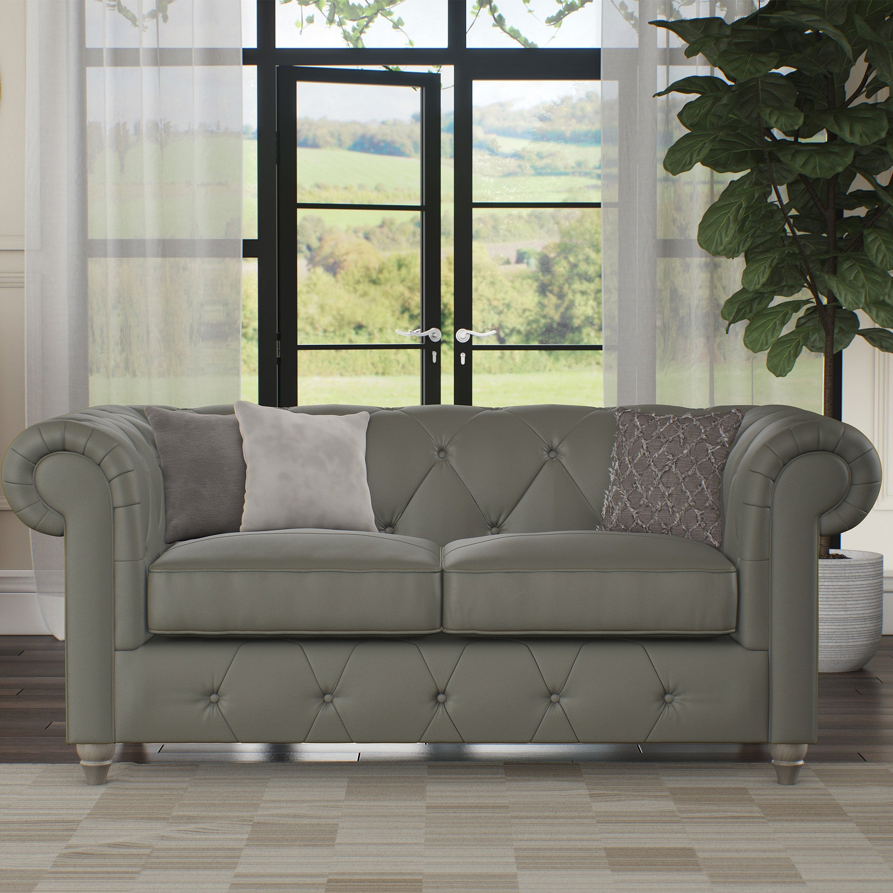 Everett Leather 2 Seater Sofa Stone Grey Washed Feet from Roseland Furniture