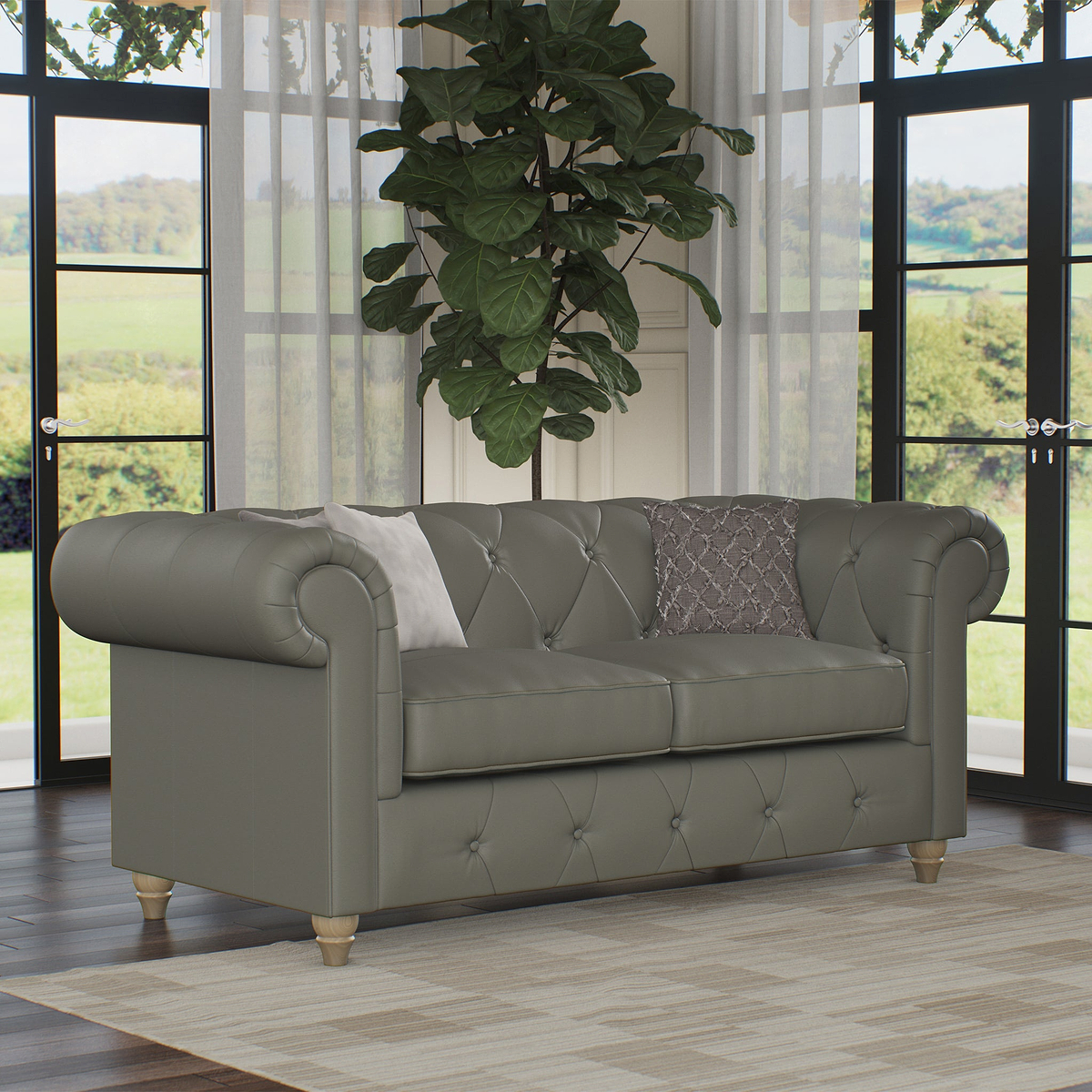 Everett Leather 2 Seater Sofa Stone Grey Walnut Feet from Roseland Furniture