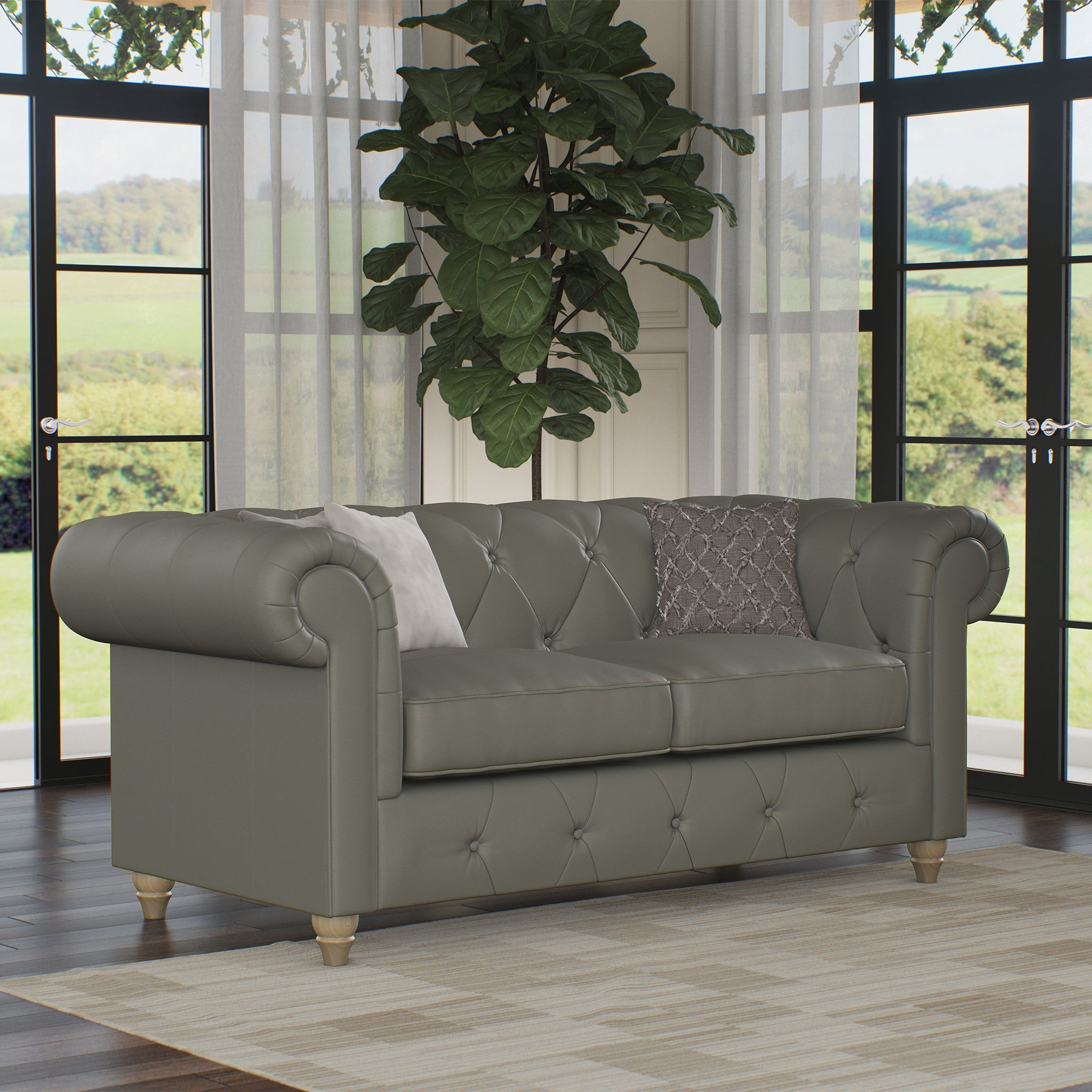 Everett Leather 2 Seater Sofa Stone Grey Walnut Feet from Roseland Furniture