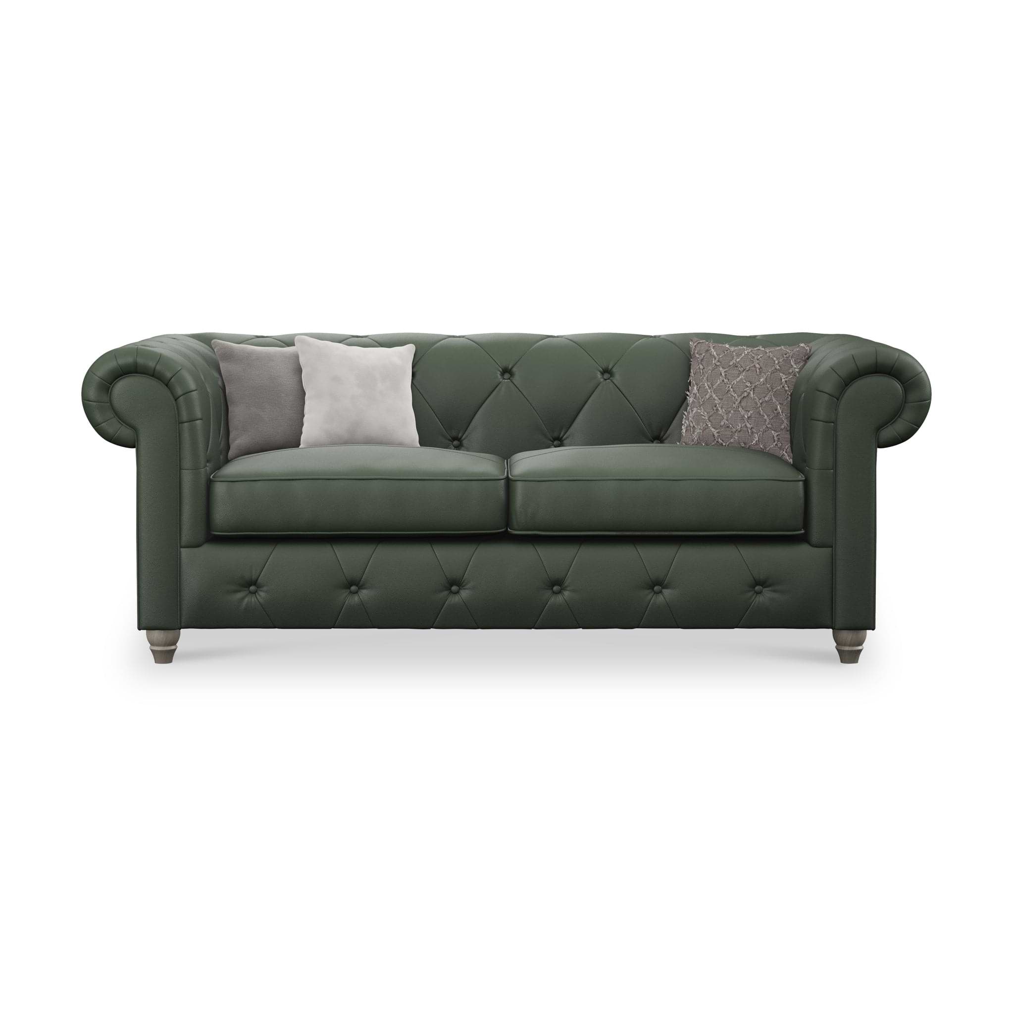 Everett Leather 3 Seater Sofa Green Washed Feet from Roseland Furniture