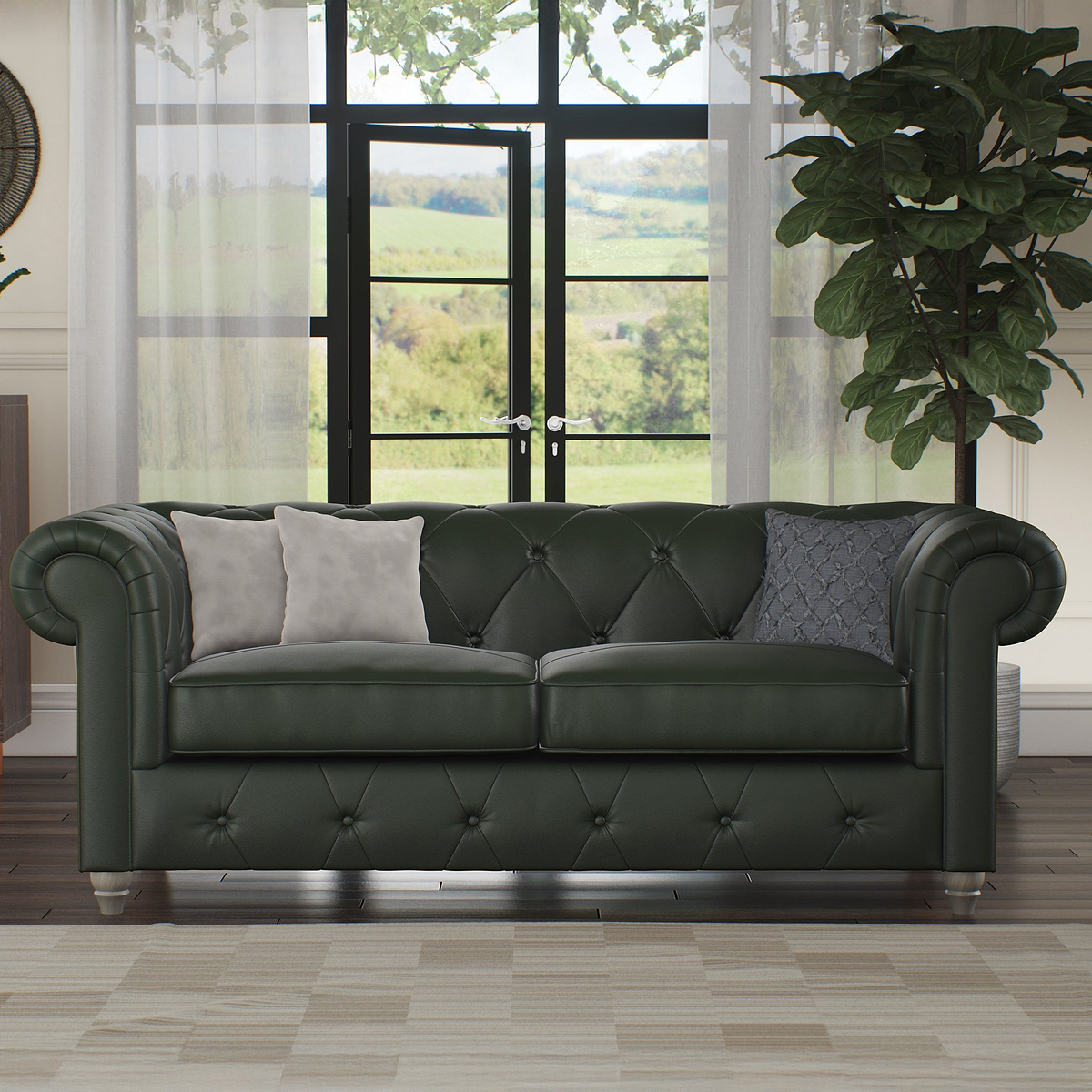 Everett Leather 3 Seater Sofa Green Washed Feet from Roseland Furniture