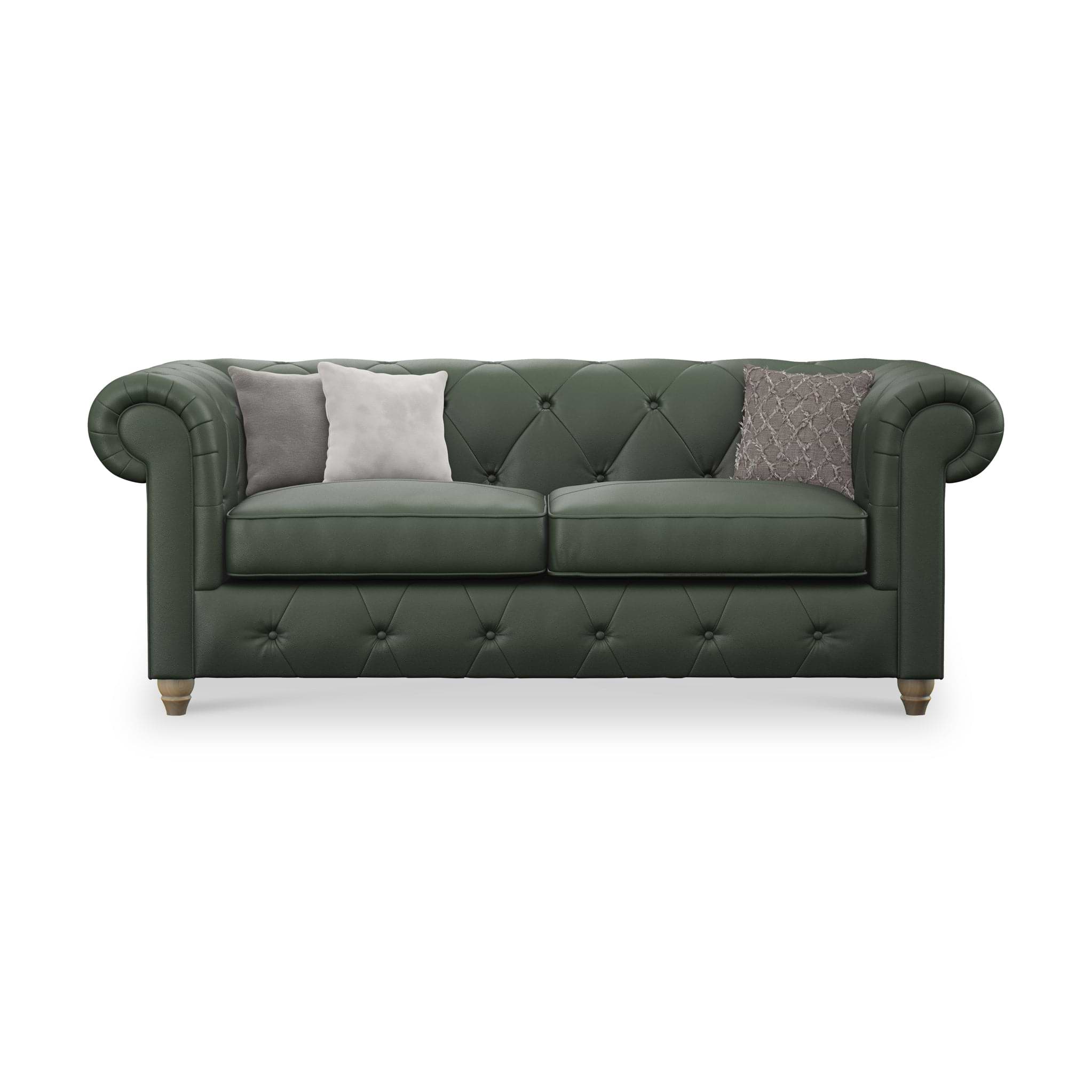 Everett Leather 3 Seater Sofa Green Walnut Feet from Roseland Furniture