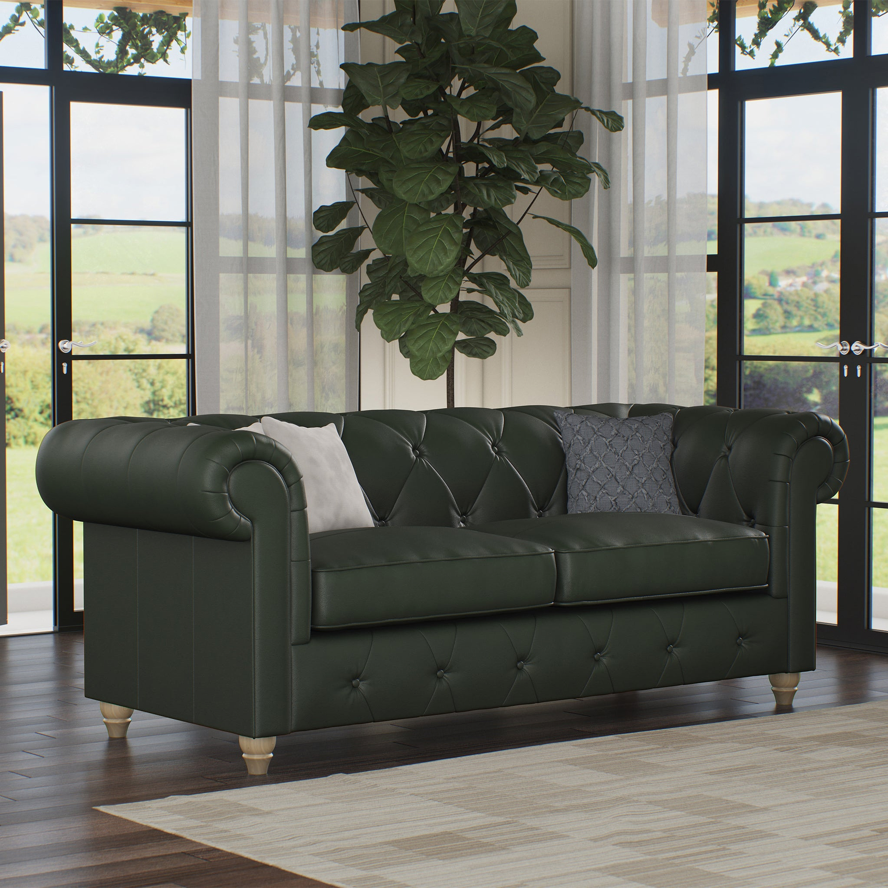Everett Leather 3 Seater Sofa Green Walnut Feet from Roseland Furniture