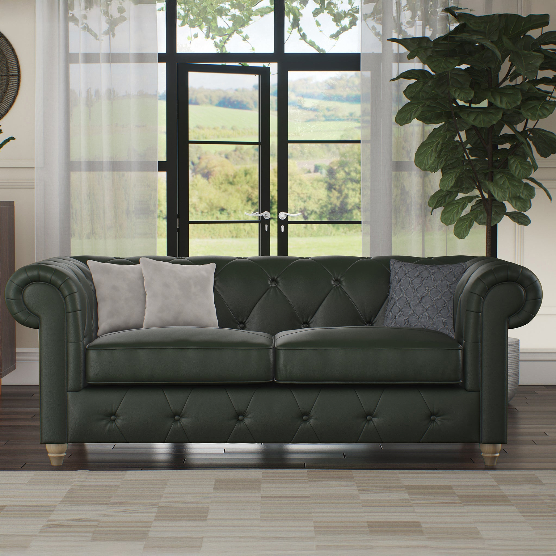 Everett Leather 3 Seater Sofa Green Walnut Feet from Roseland Furniture