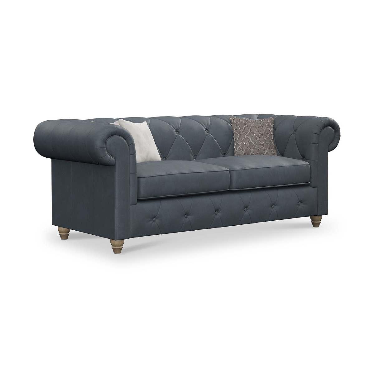 Everett Leather 3 Seater Sofa Navy Walnut Feet from Roseland Furniture