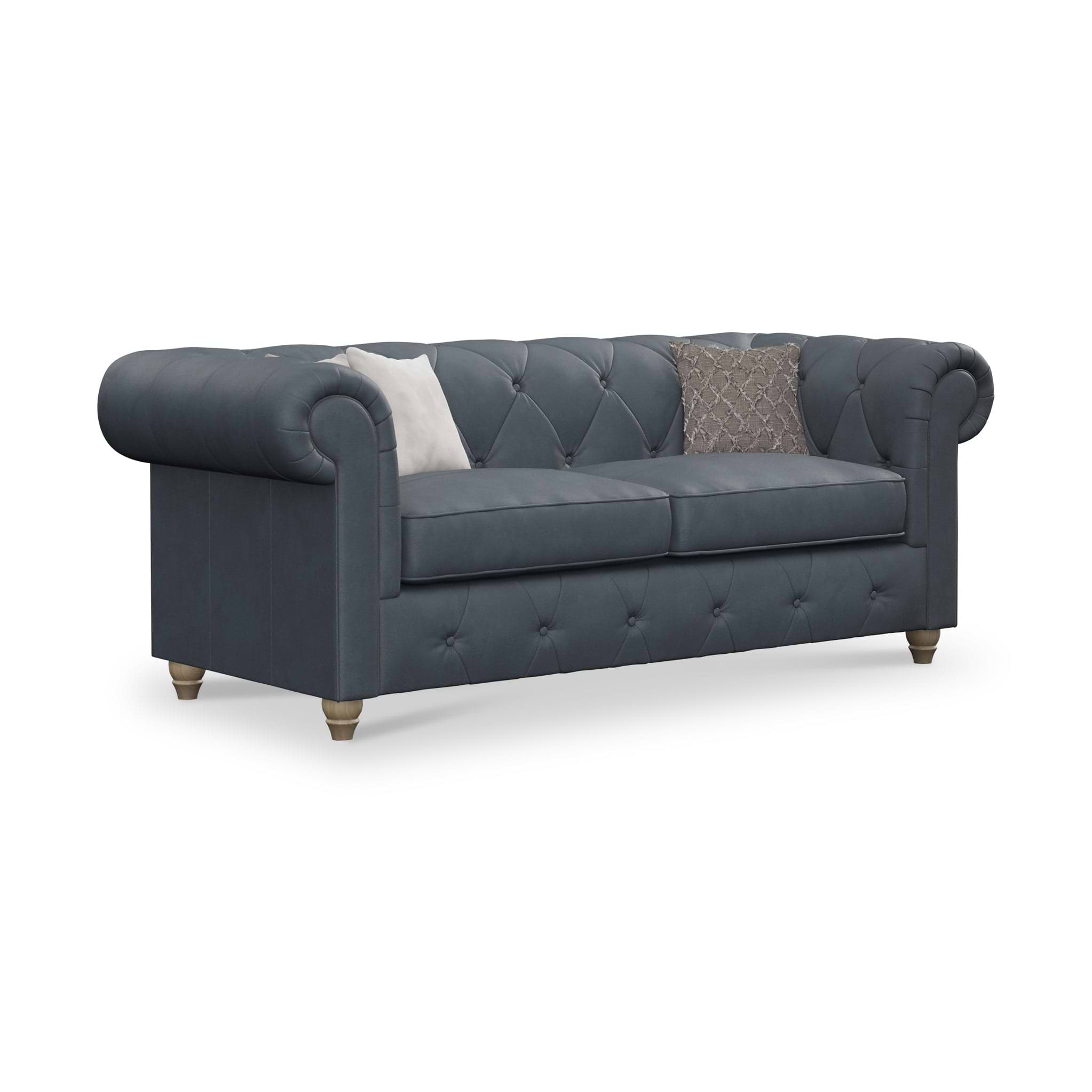 Everett Leather 3 Seater Sofa Navy Walnut Feet from Roseland Furniture