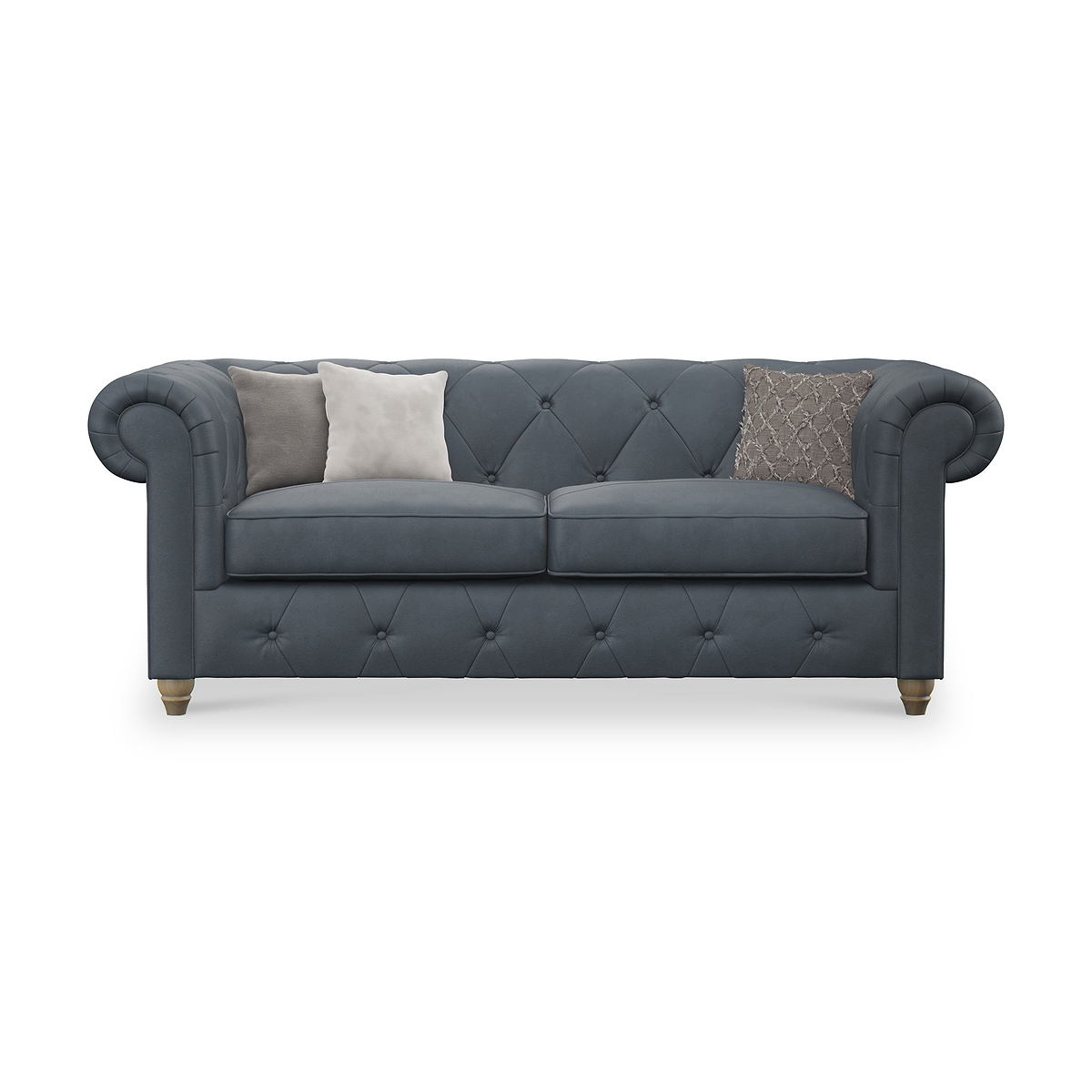 Everett Leather 3 Seater Sofa Navy Walnut Feet from Roseland Furniture