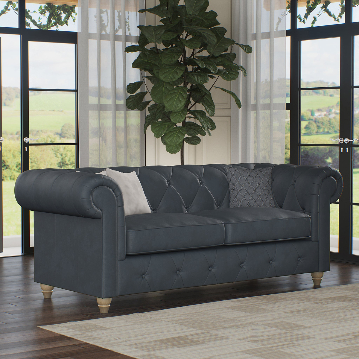 Everett Leather 3 Seater Sofa Navy Walnut Feet from Roseland Furniture