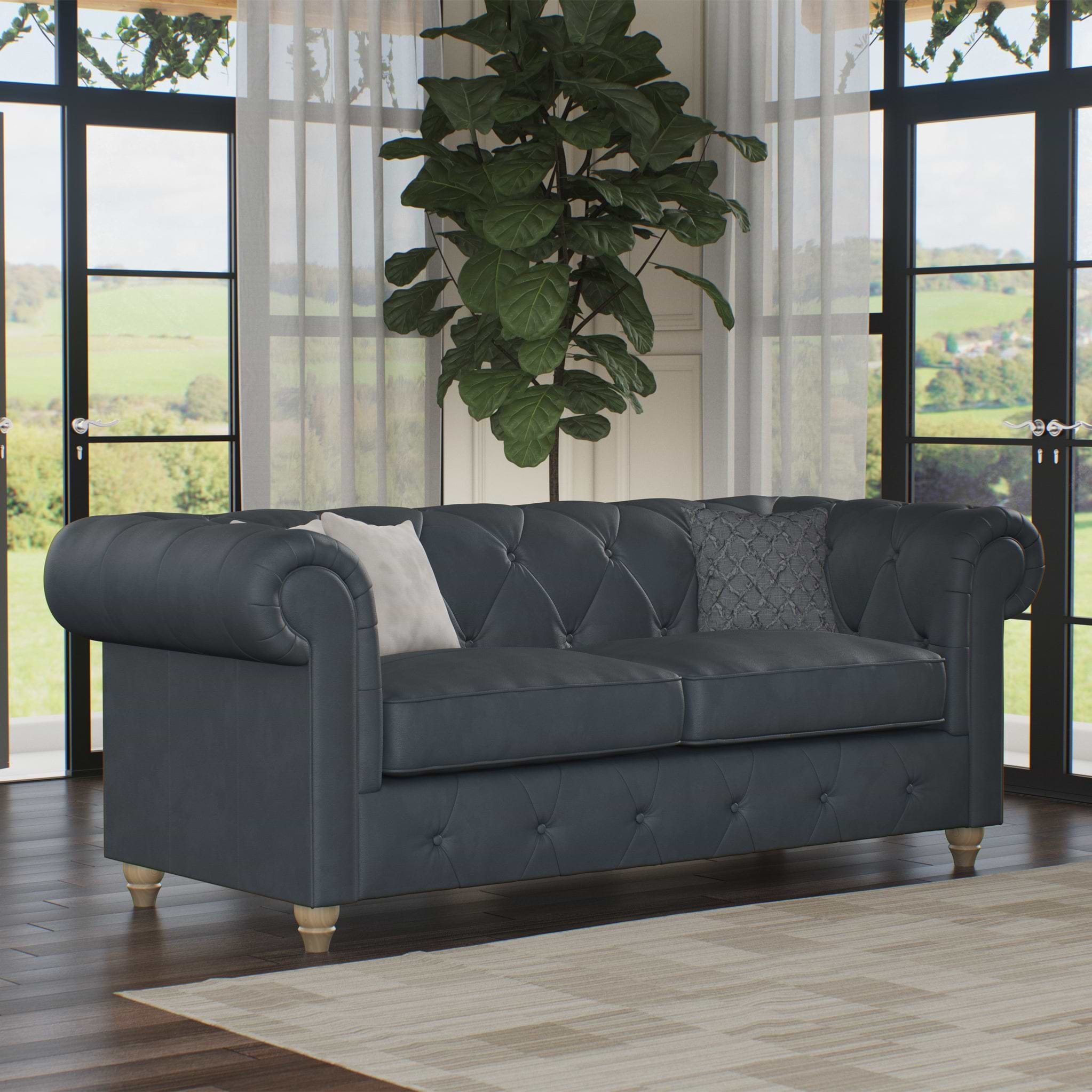 Everett Leather 3 Seater Sofa Navy Walnut Feet from Roseland Furniture