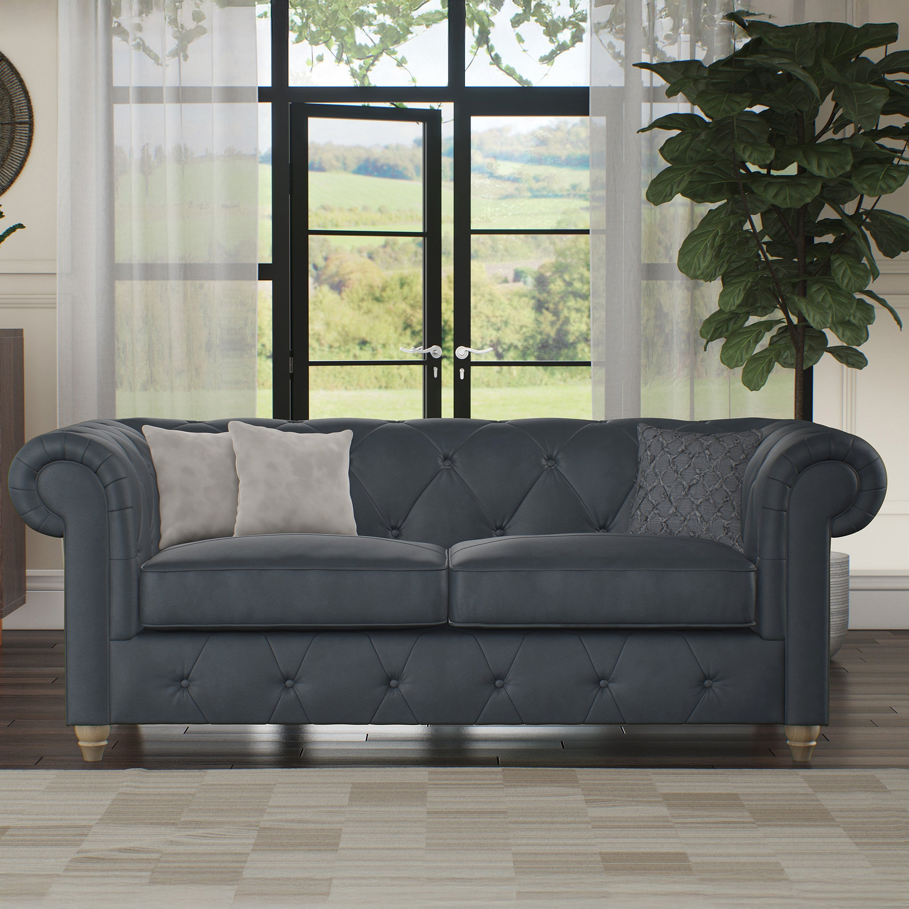 Everett Leather 3 Seater Sofa Navy Walnut Feet from Roseland Furniture