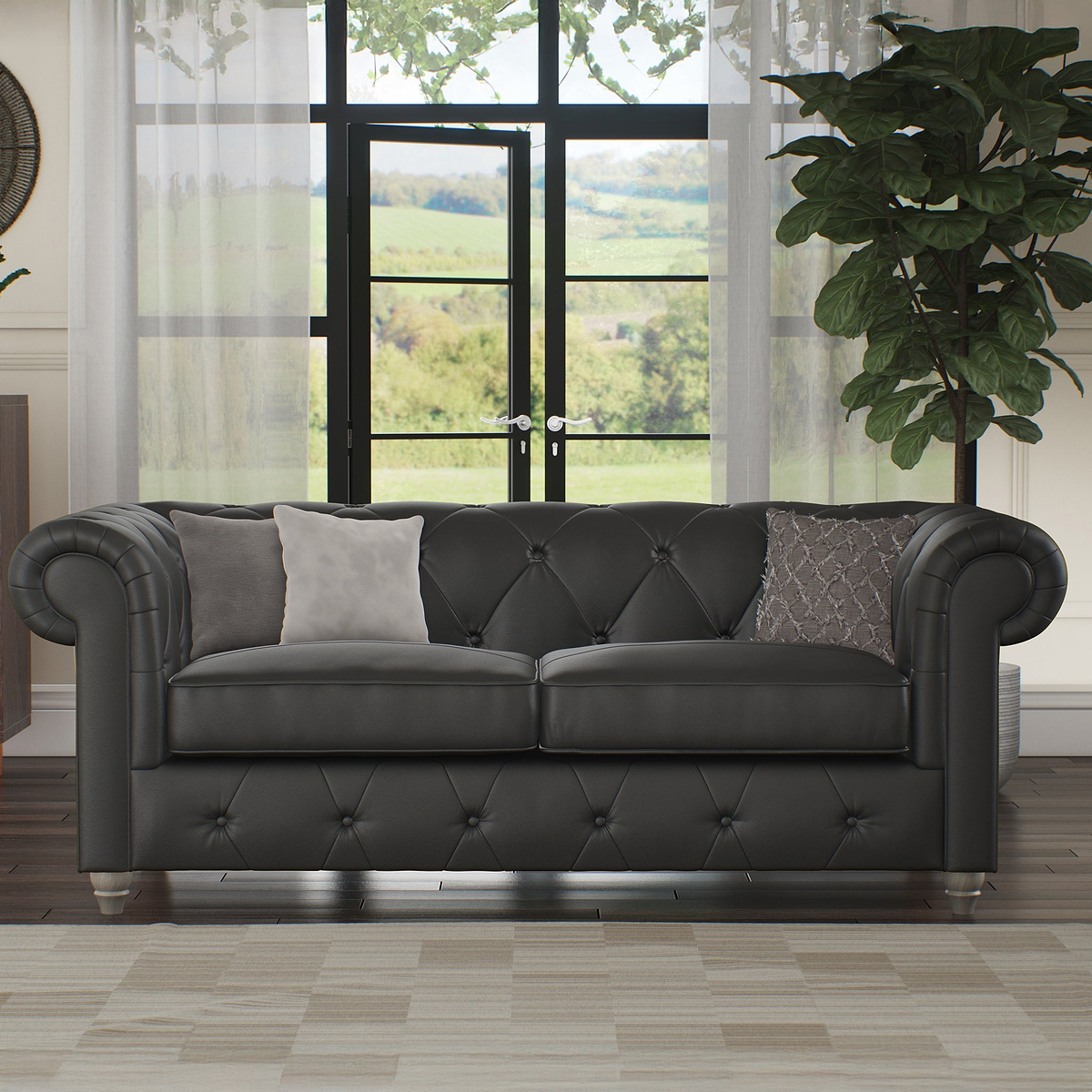 Everett Leather 3 Seater Sofa Raven Washed Feet from Roseland Furniture