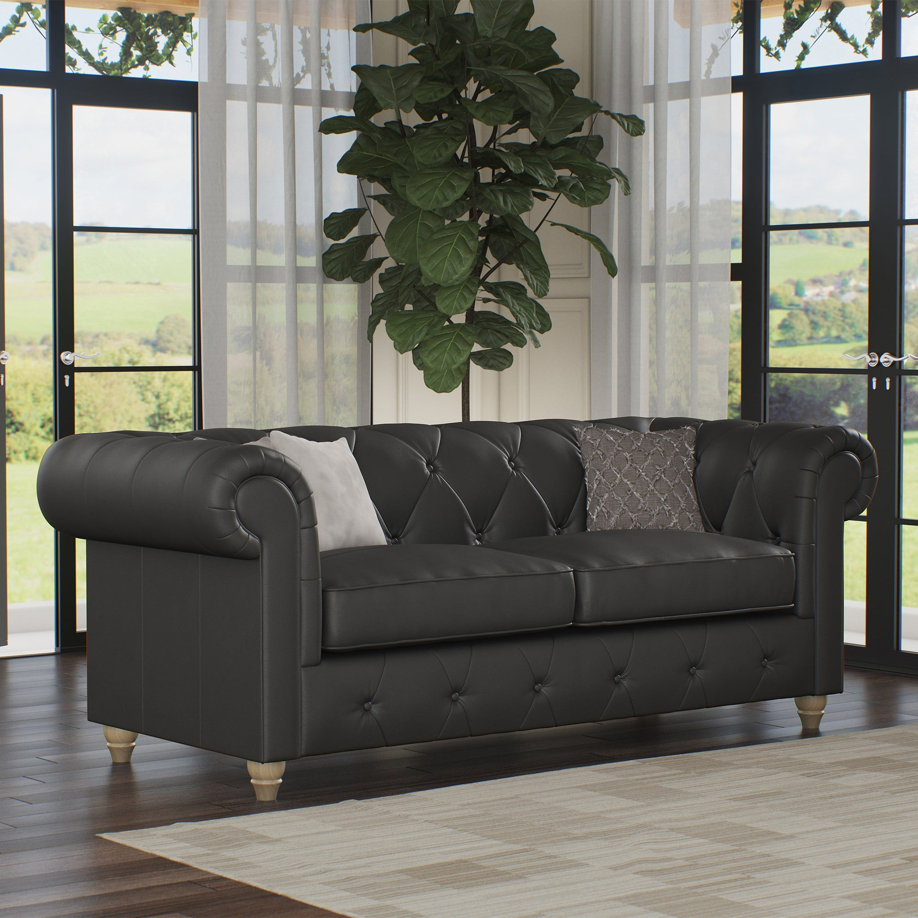 Everett Leather 3 Seater Sofa Raven Walnut Feet from Roseland Furniture