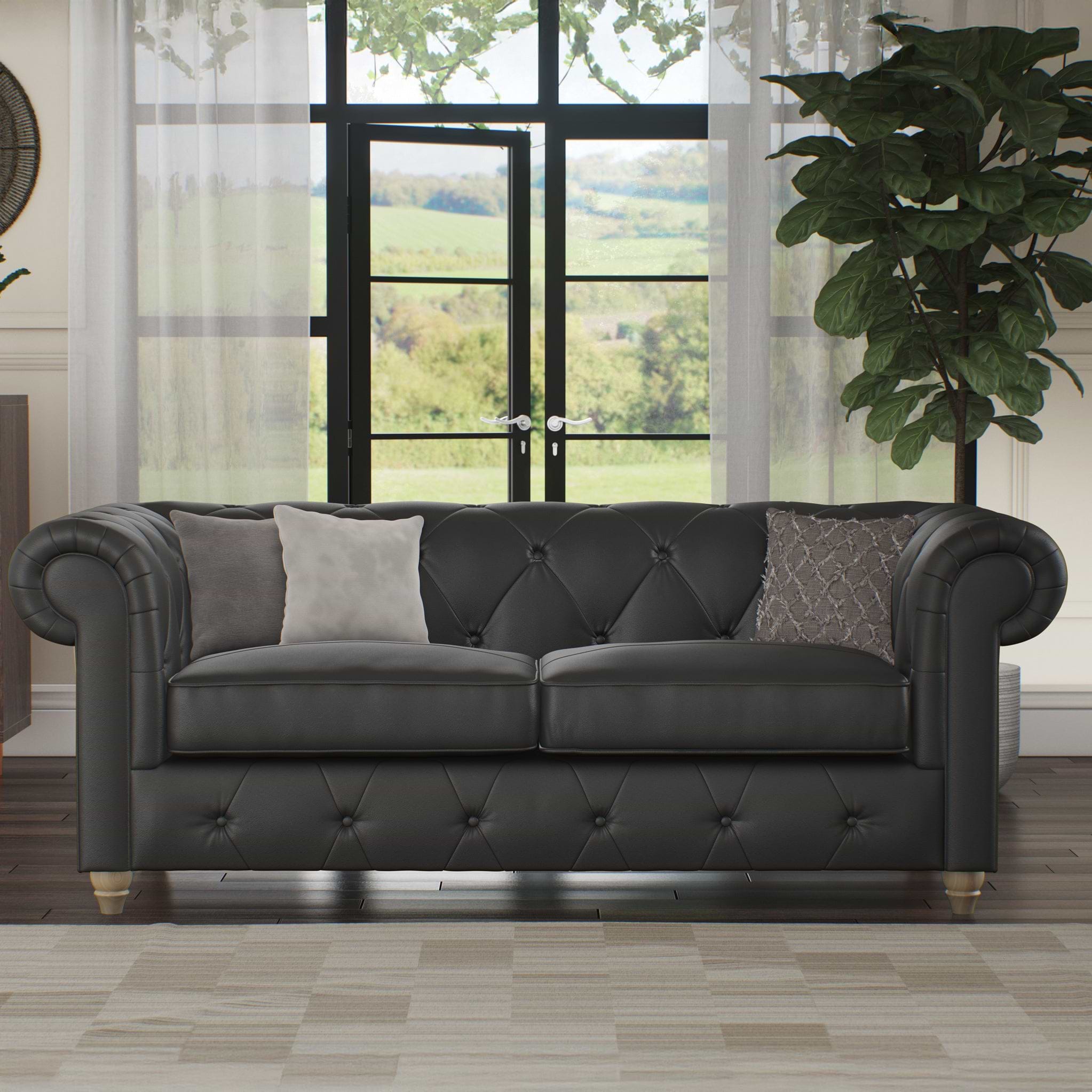 Everett Leather 3 Seater Sofa Raven Walnut Feet from Roseland Furniture