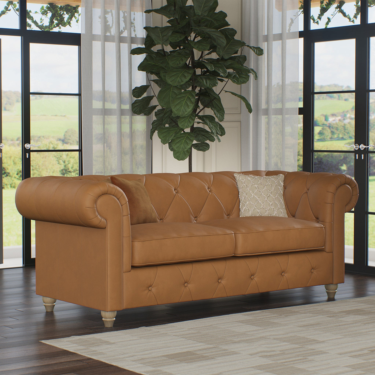 Everett Leather 3 Seater Sofa Saddle Walnut Feet from Roseland Furniture