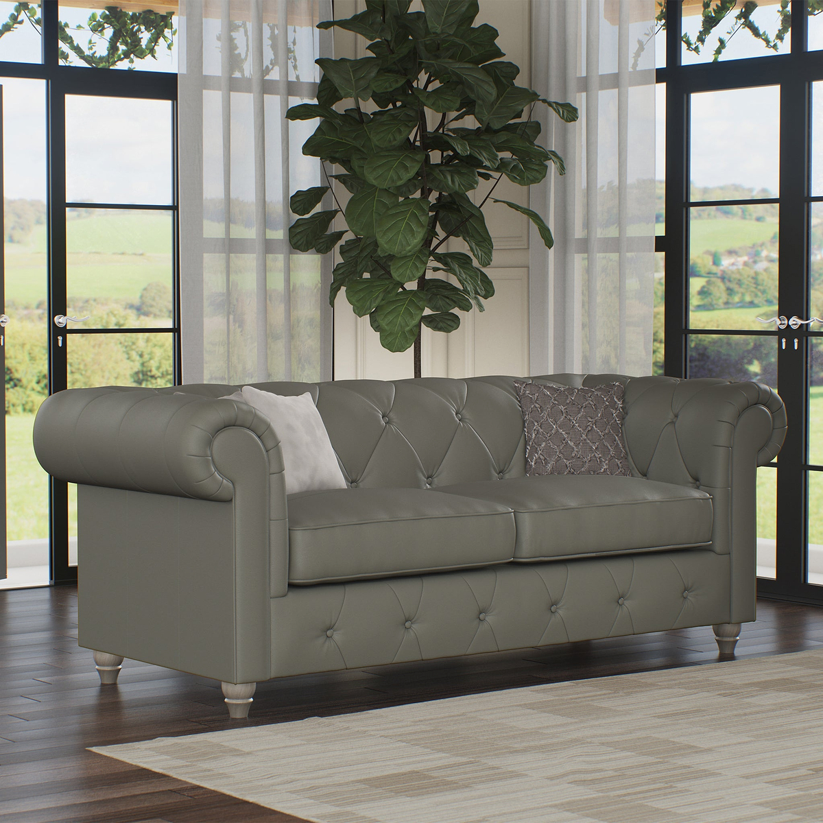 Everett Leather 3 Seater Sofa Stone Grey Washed Feet from Roseland Furniture
