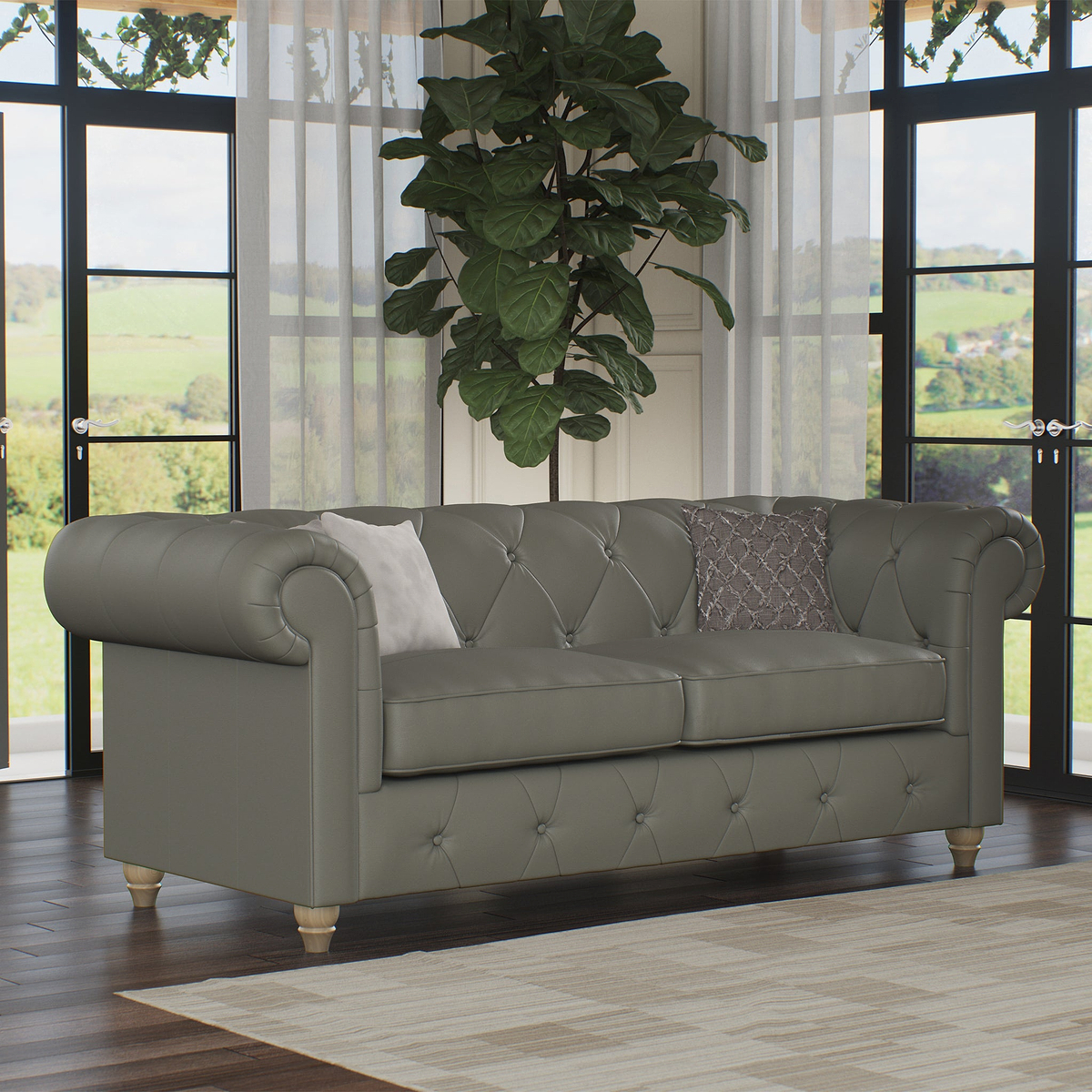 Everett Leather 3 Seater Sofa Stone Grey Walnut Feet from Roseland Furniture