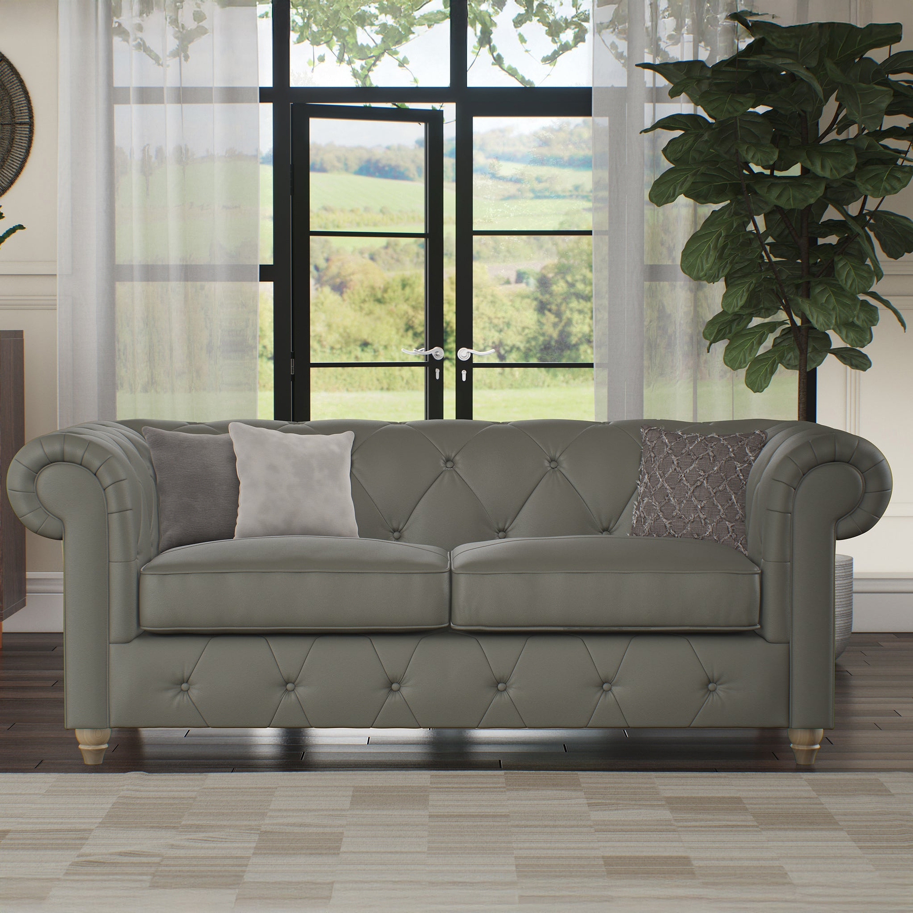 Everett Leather 3 Seater Sofa Stone Grey Walnut Feet from Roseland Furniture