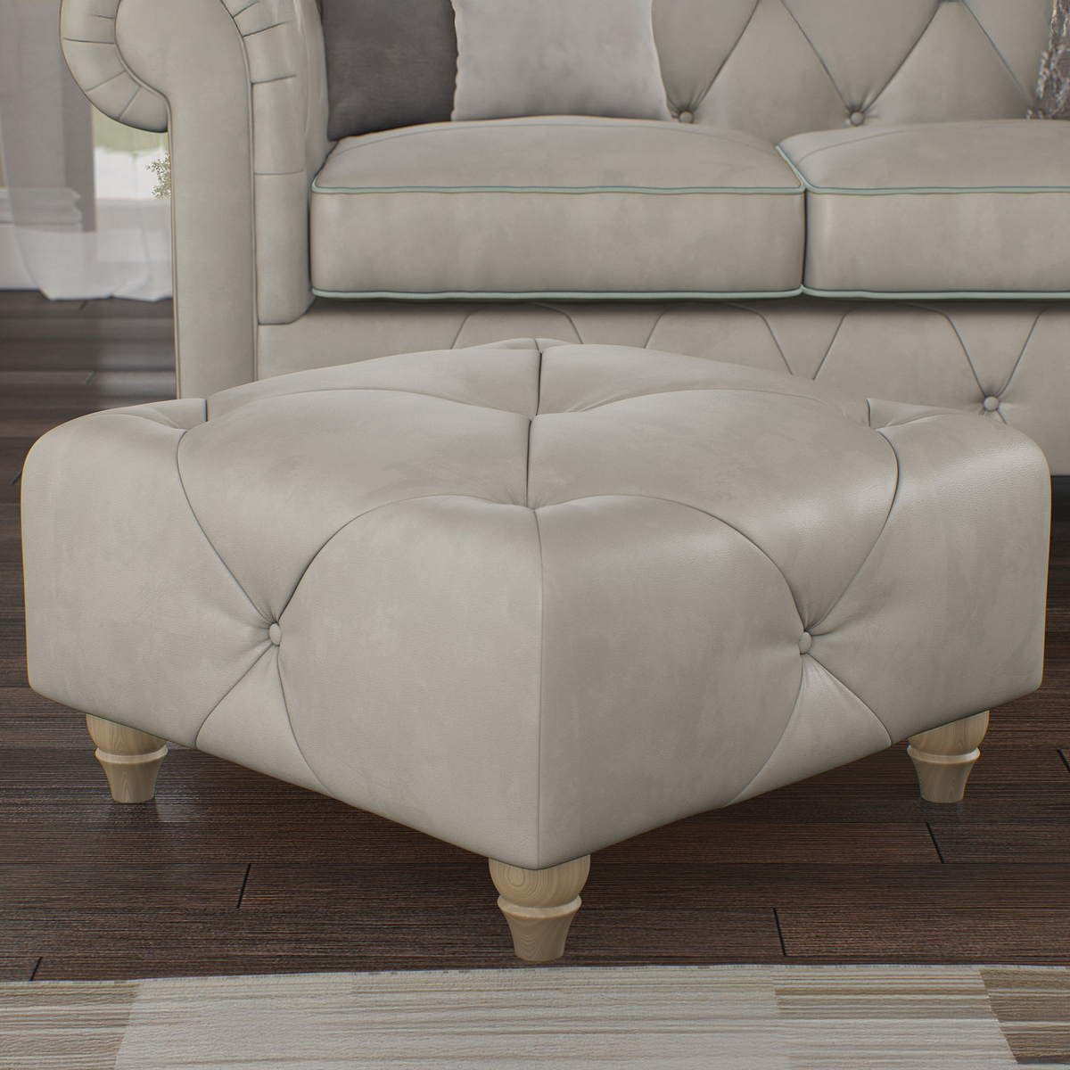 Everett Leather Footstool Cloud Walnut Feet from Roseland Furniture
