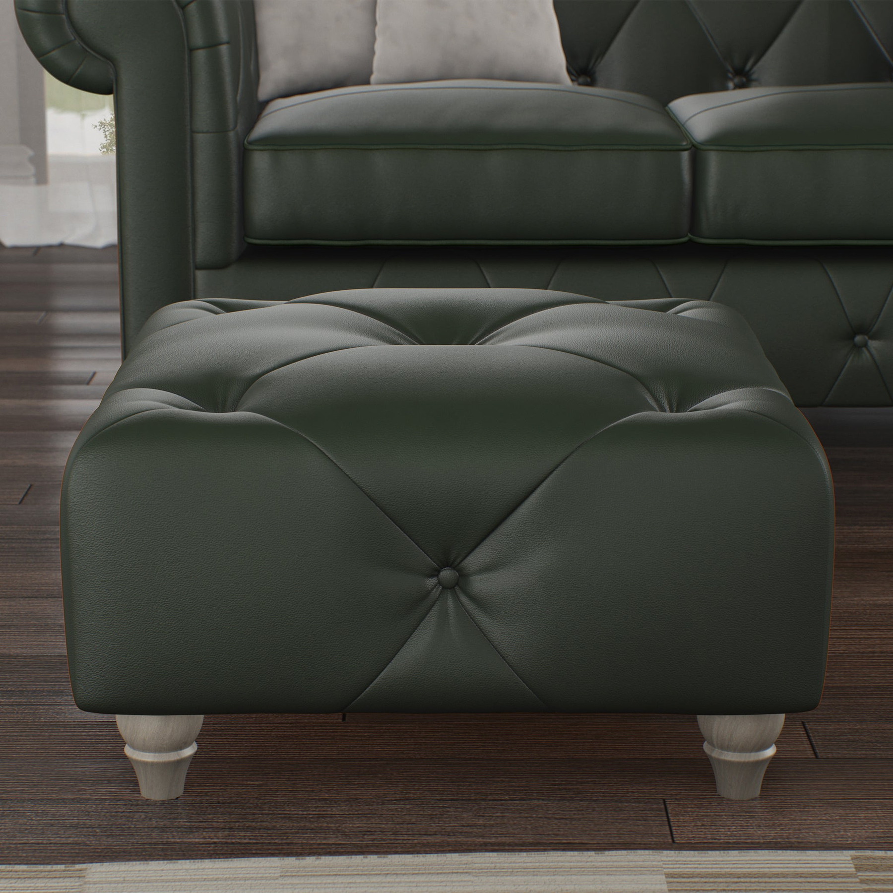 Everett Leather Footstool Green Washed Feet from Roseland Furniture