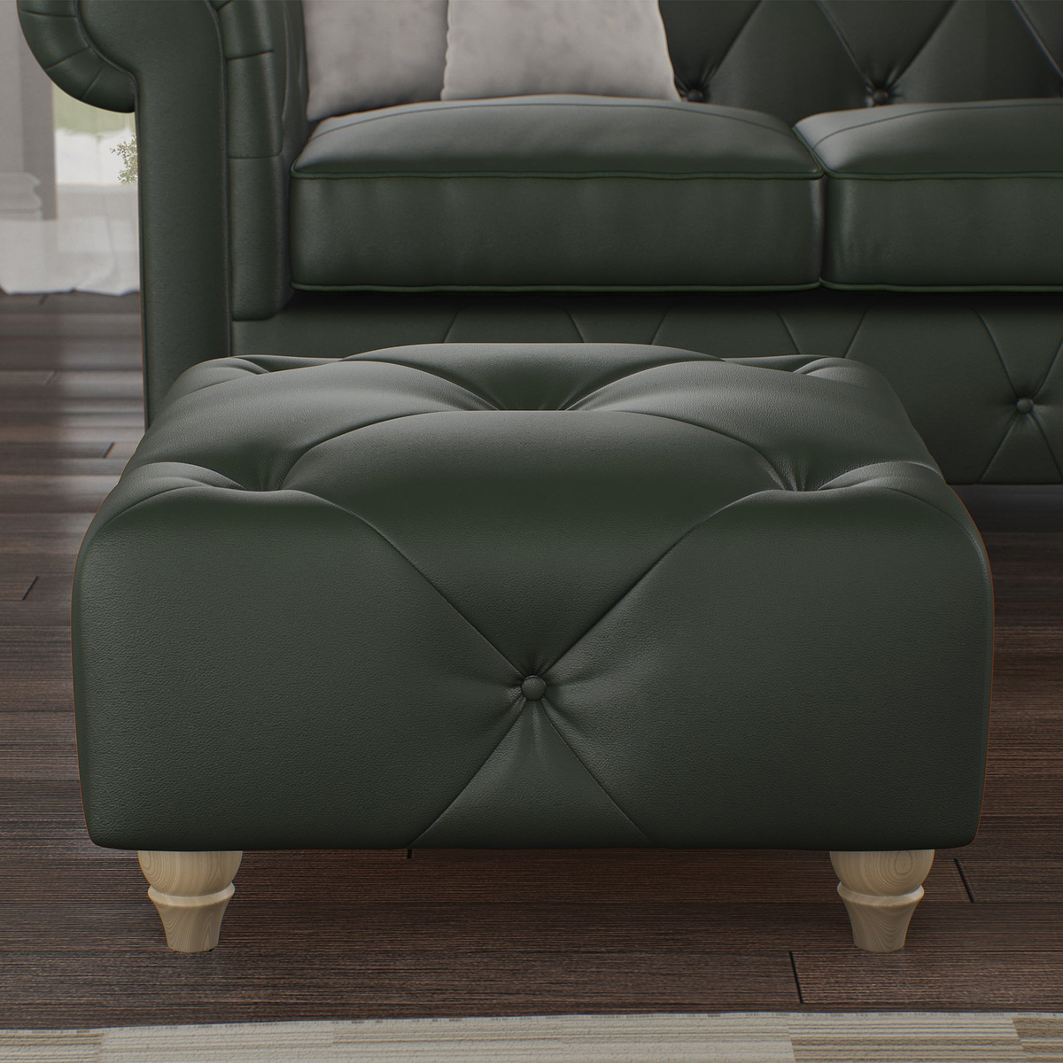 Everett Leather Footstool Green Walnut Feet from Roseland Furniture