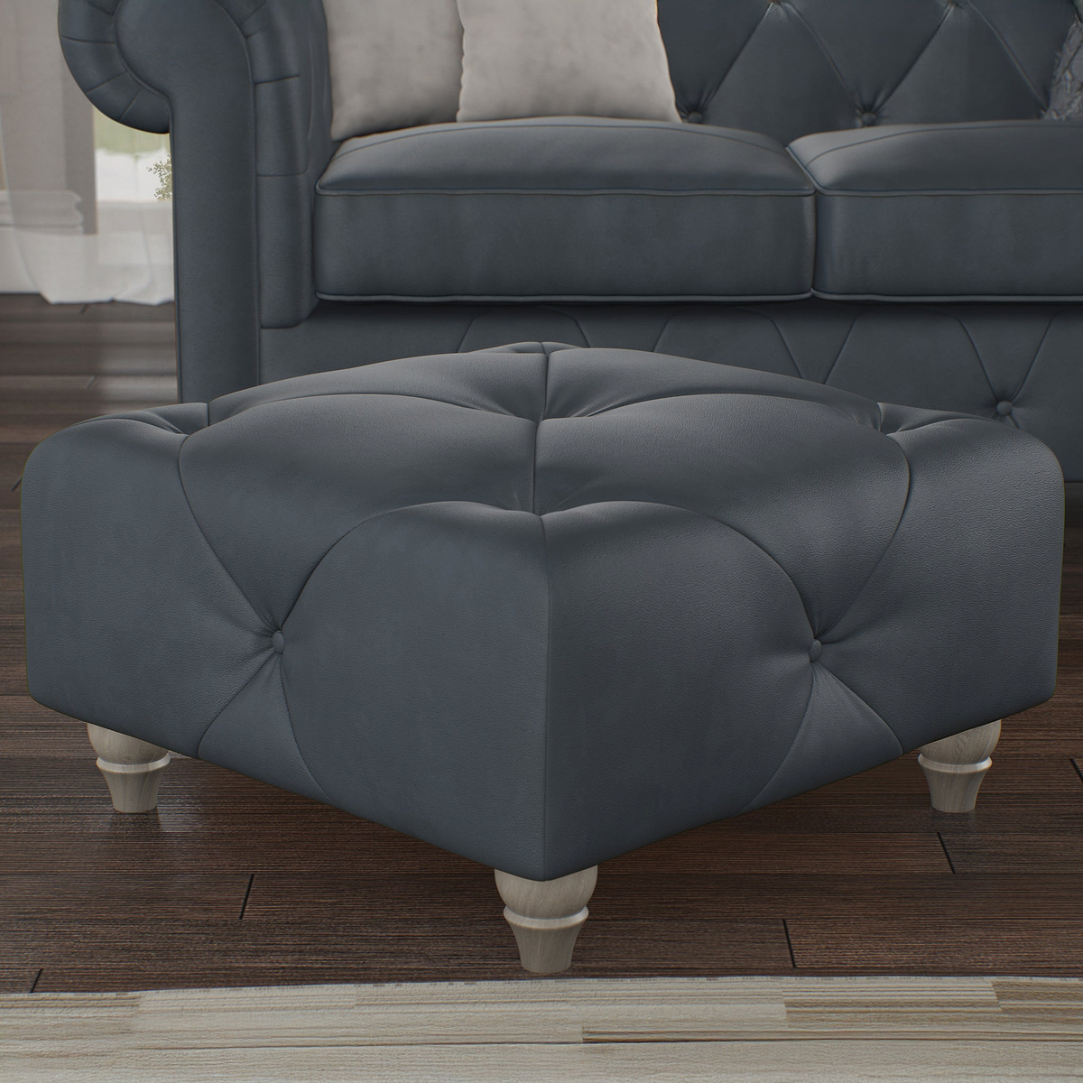Everett Leather Footstool Navy Washed Feet from Roseland Furniture