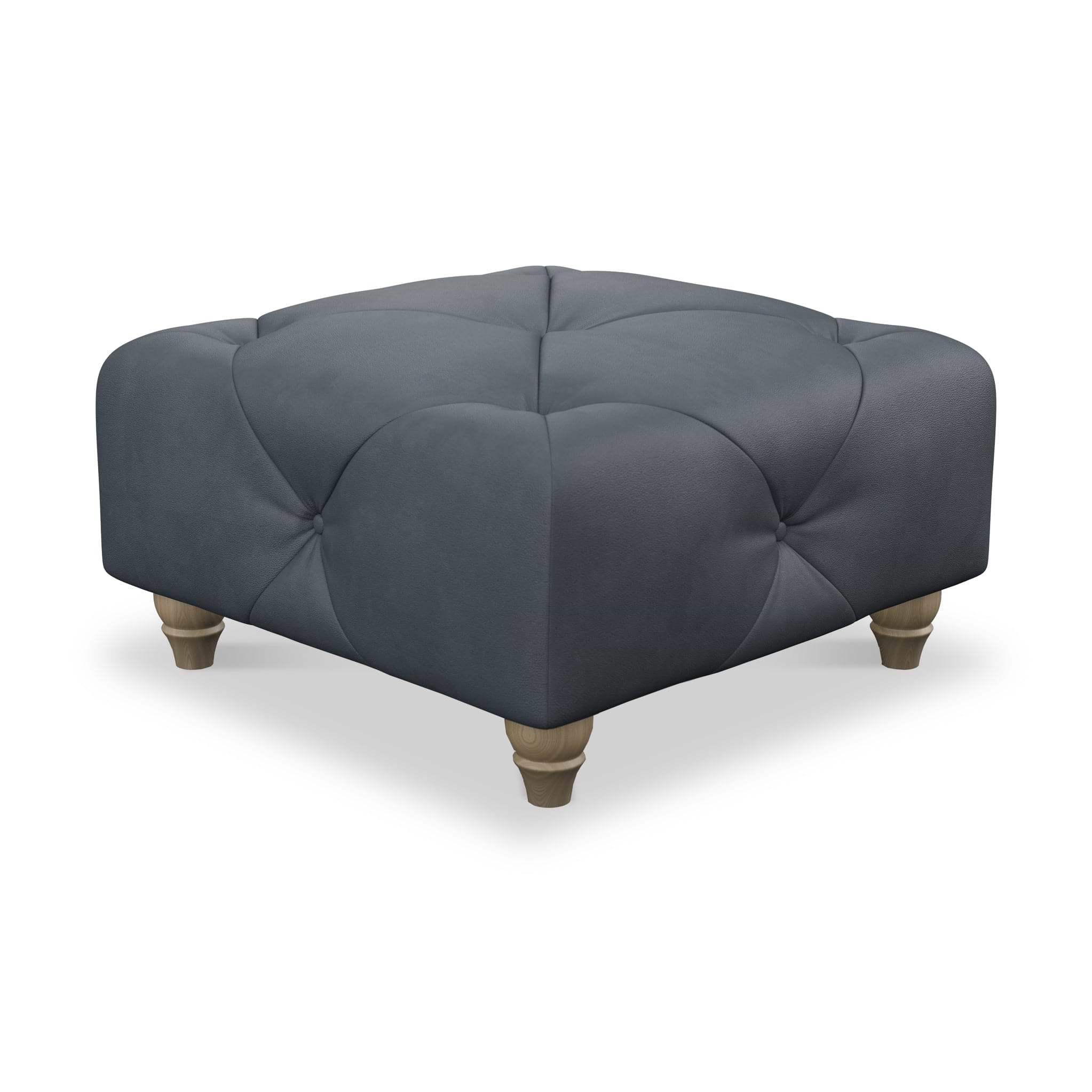 Everett Leather Footstool Navy Walnut Feet from Roseland Furniture
