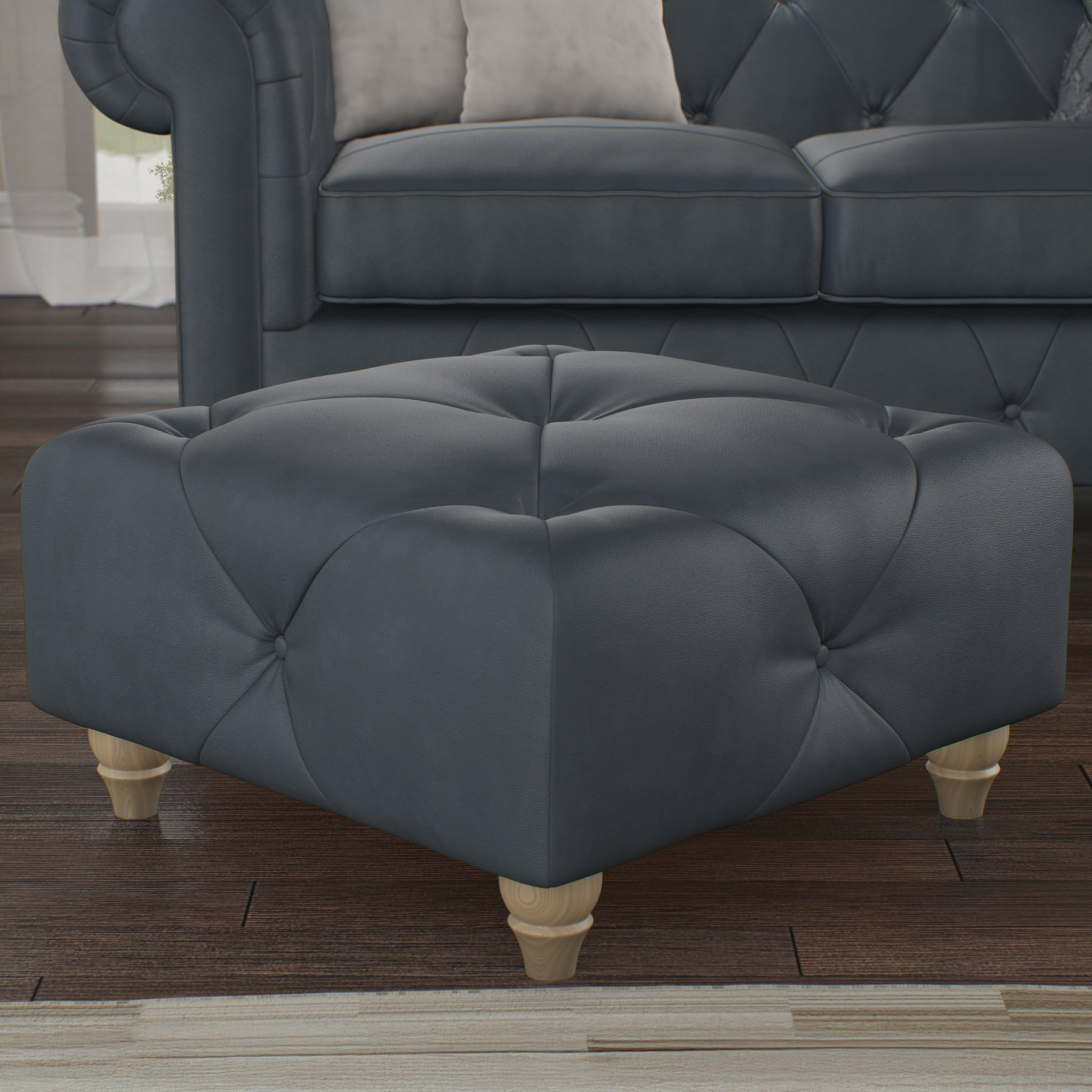Everett Leather Footstool Navy Walnut Feet from Roseland Furniture