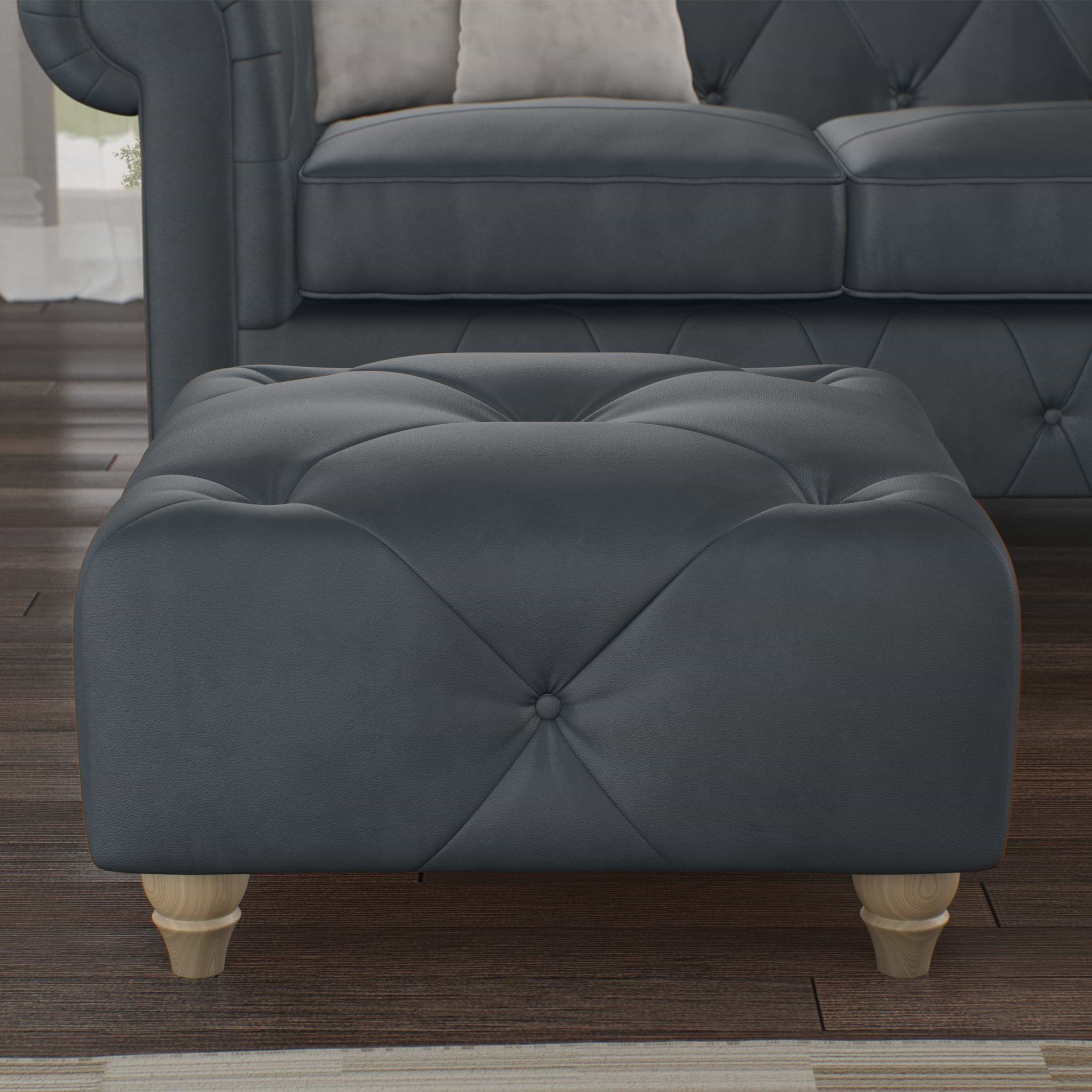 Everett Leather Footstool Navy Walnut Feet from Roseland Furniture