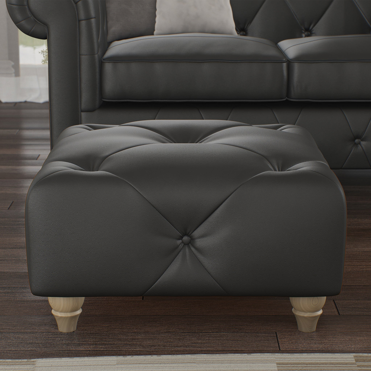 Everett Leather Footstool Raven Walnut Feet from Roseland Furniture