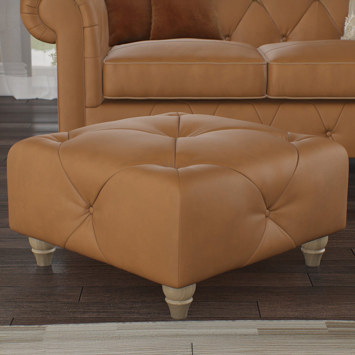 Everett Leather Footstool Saddle Walnut Feet from Roseland Furniture