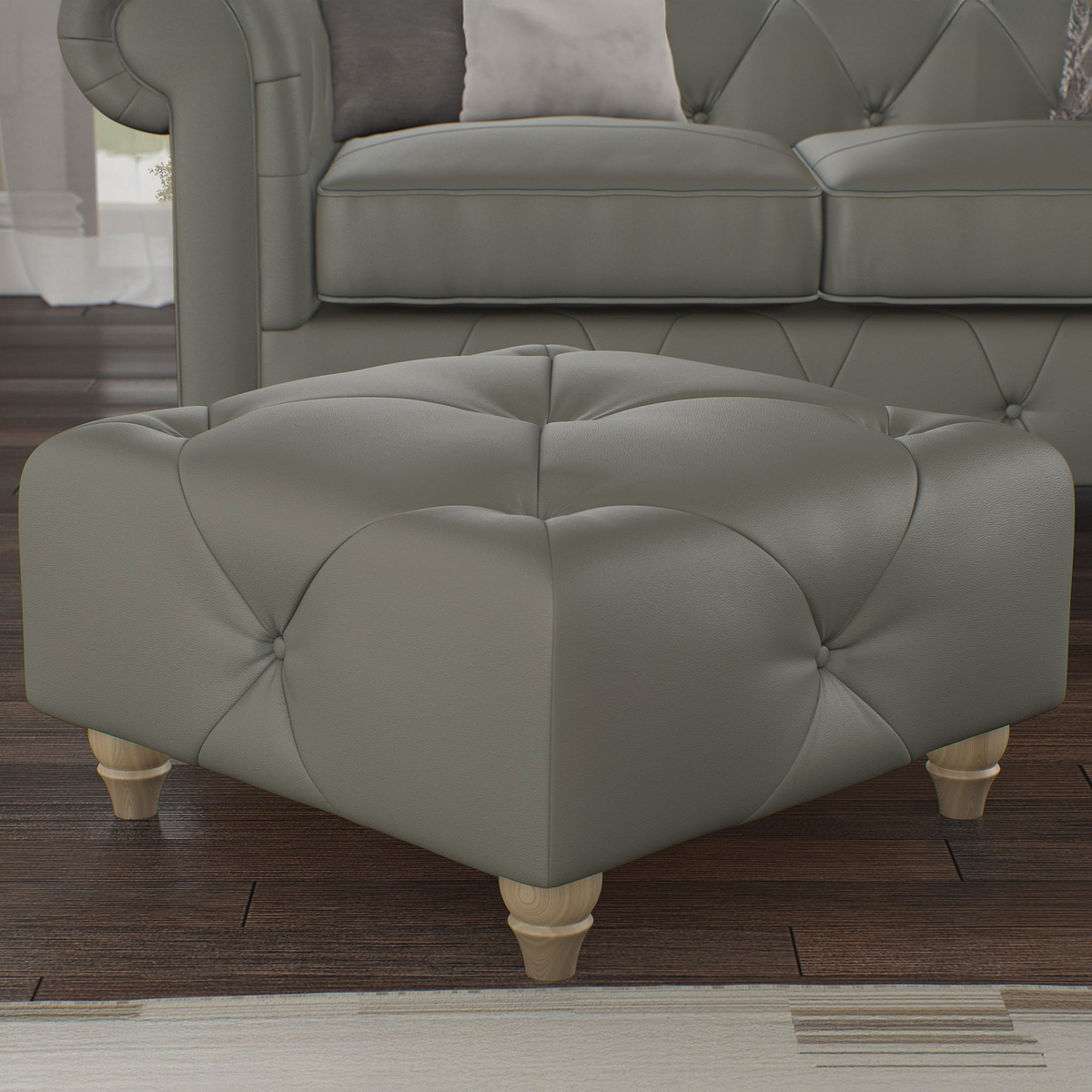 Everett Leather Footstool Stone Walnut Feet from Roseland Furniture