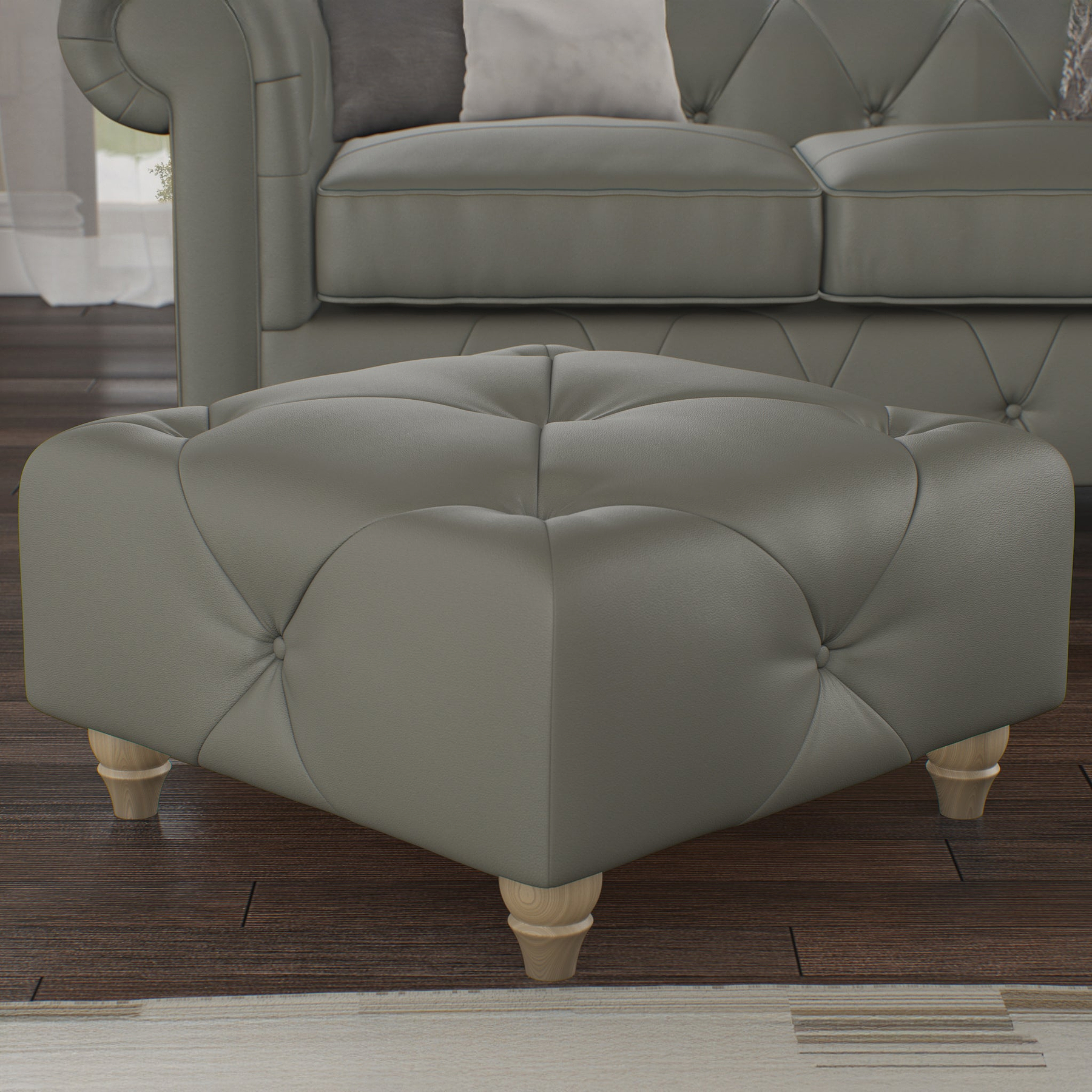 Everett Leather Footstool Stone Walnut Feet from Roseland Furniture
