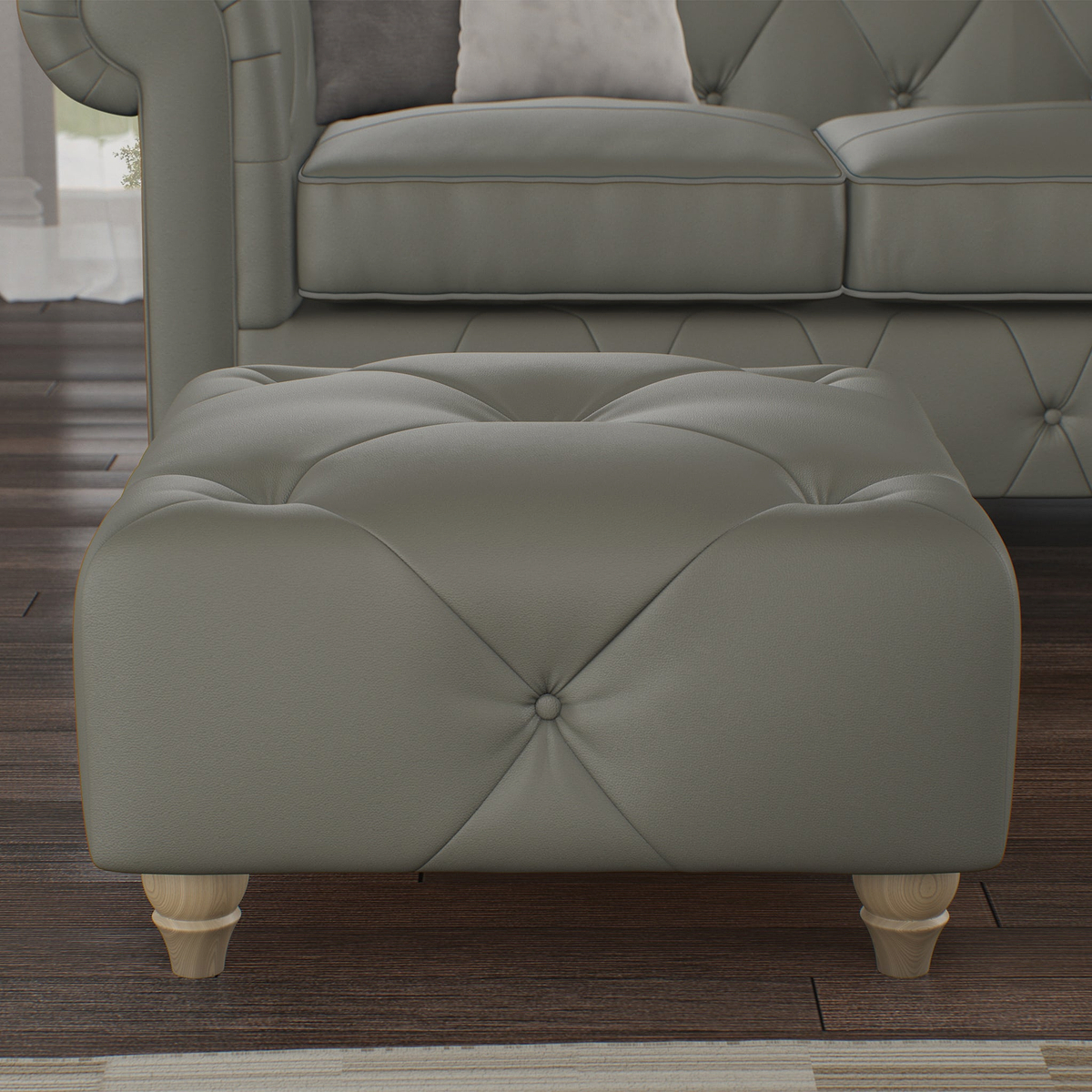 Everett Leather Footstool Stone Walnut Feet from Roseland Furniture